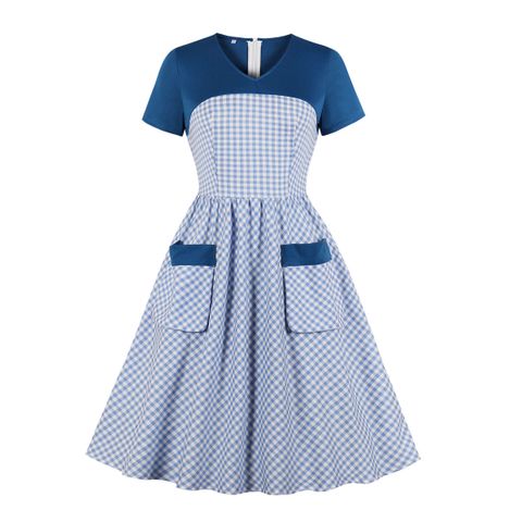 HM357 [Váy Đầm Cho Người Mập] Đầm chữ A Tay Ngắn Nền Caro Xanh Phối Túi Xinh Hai Bên ĐẾN TỪ THƯƠNG HIỆU HIMISTORE