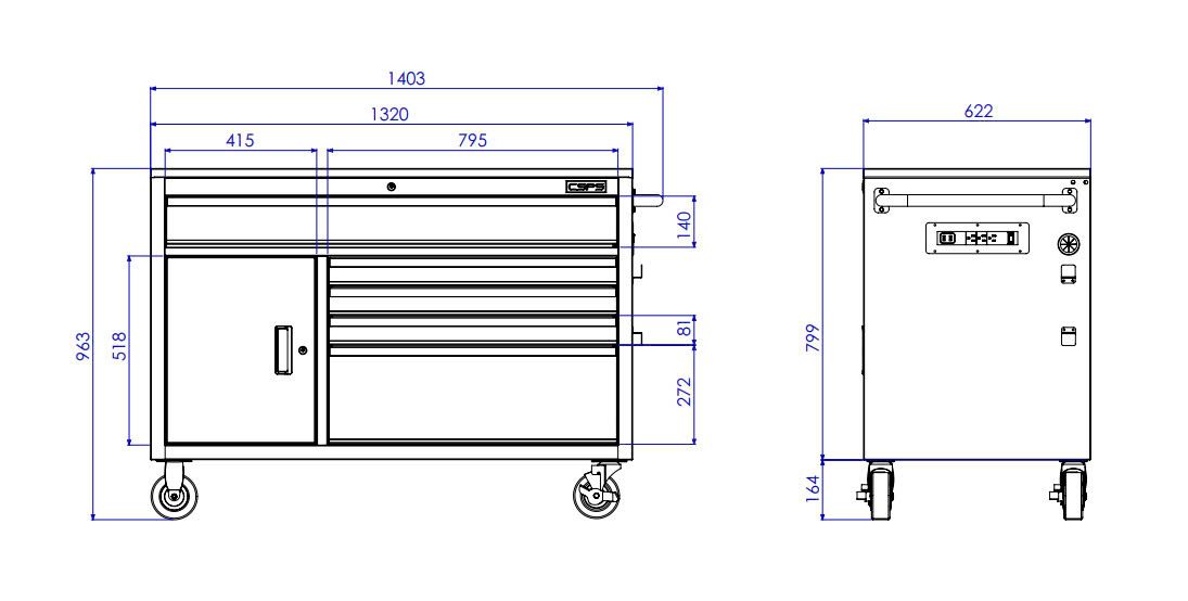 Tủ dụng cụ CSPS 132cm - 05 hộc kéo màu đen/trắng