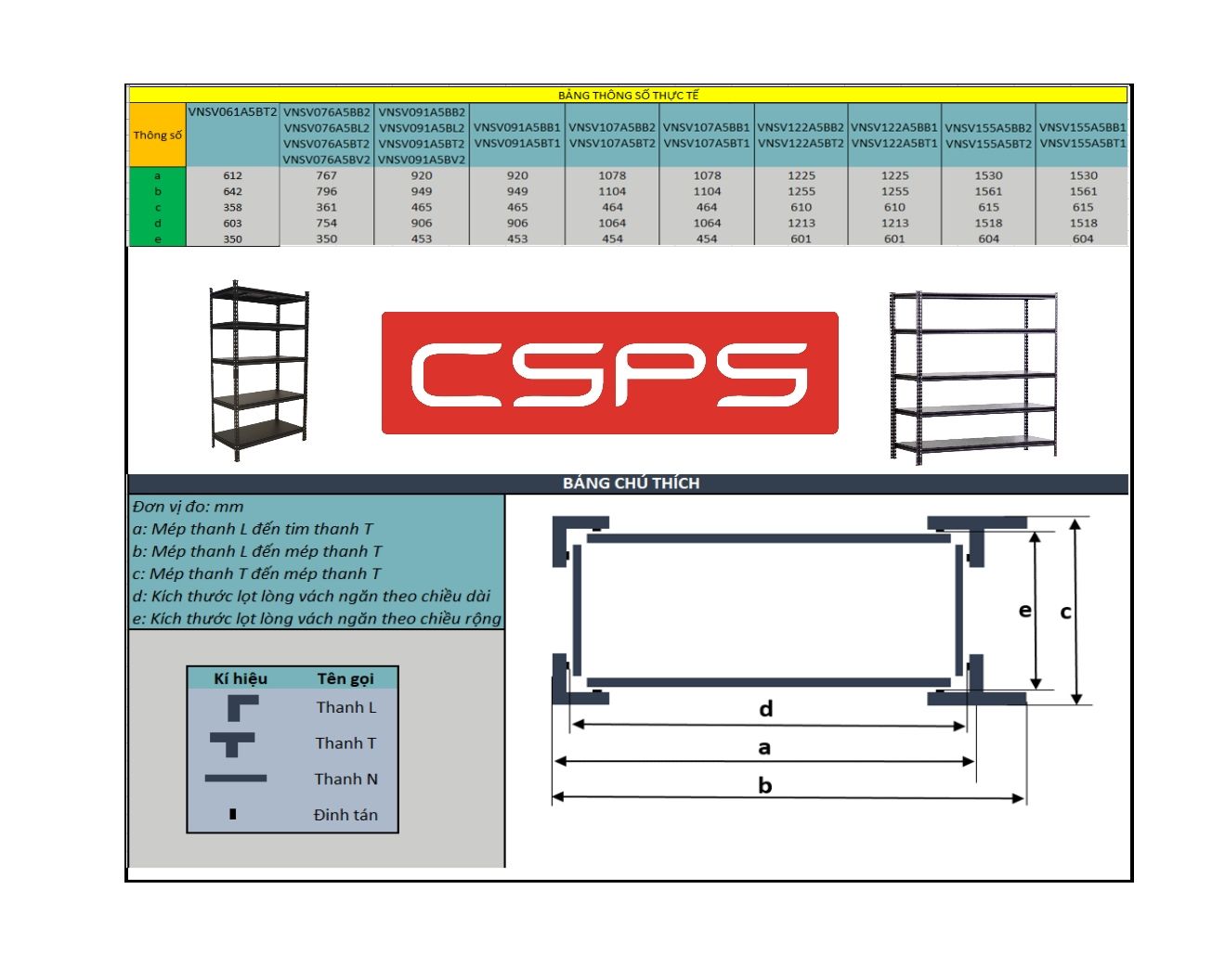 Kệ thép 5 tầng CSPS ngăn thép 61cm - 76cm - 91cm - 107cm - 122cm - 152cm