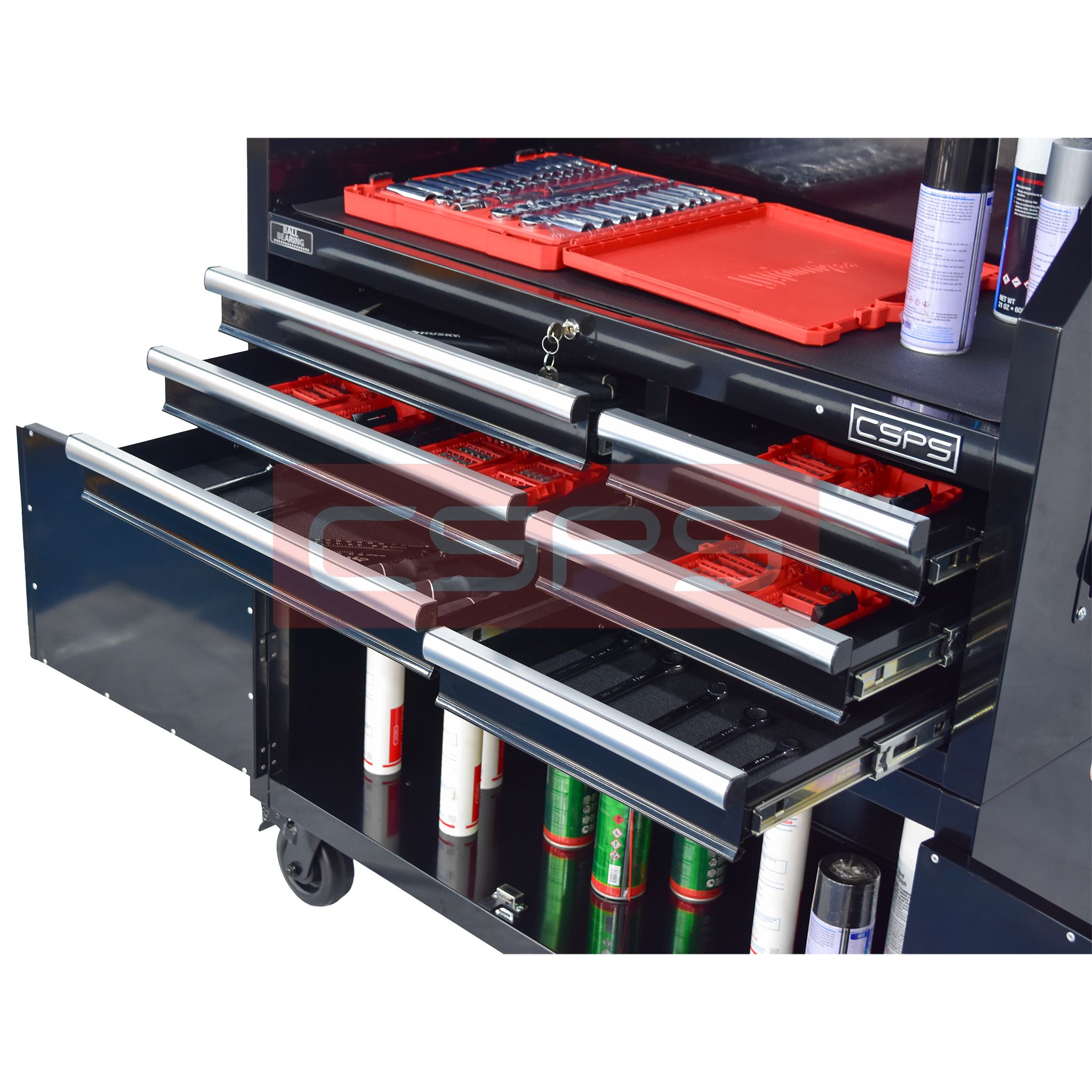 Tủ dụng cụ CSPS 104cm - 06 hộc kéo màu đen có bánh xe