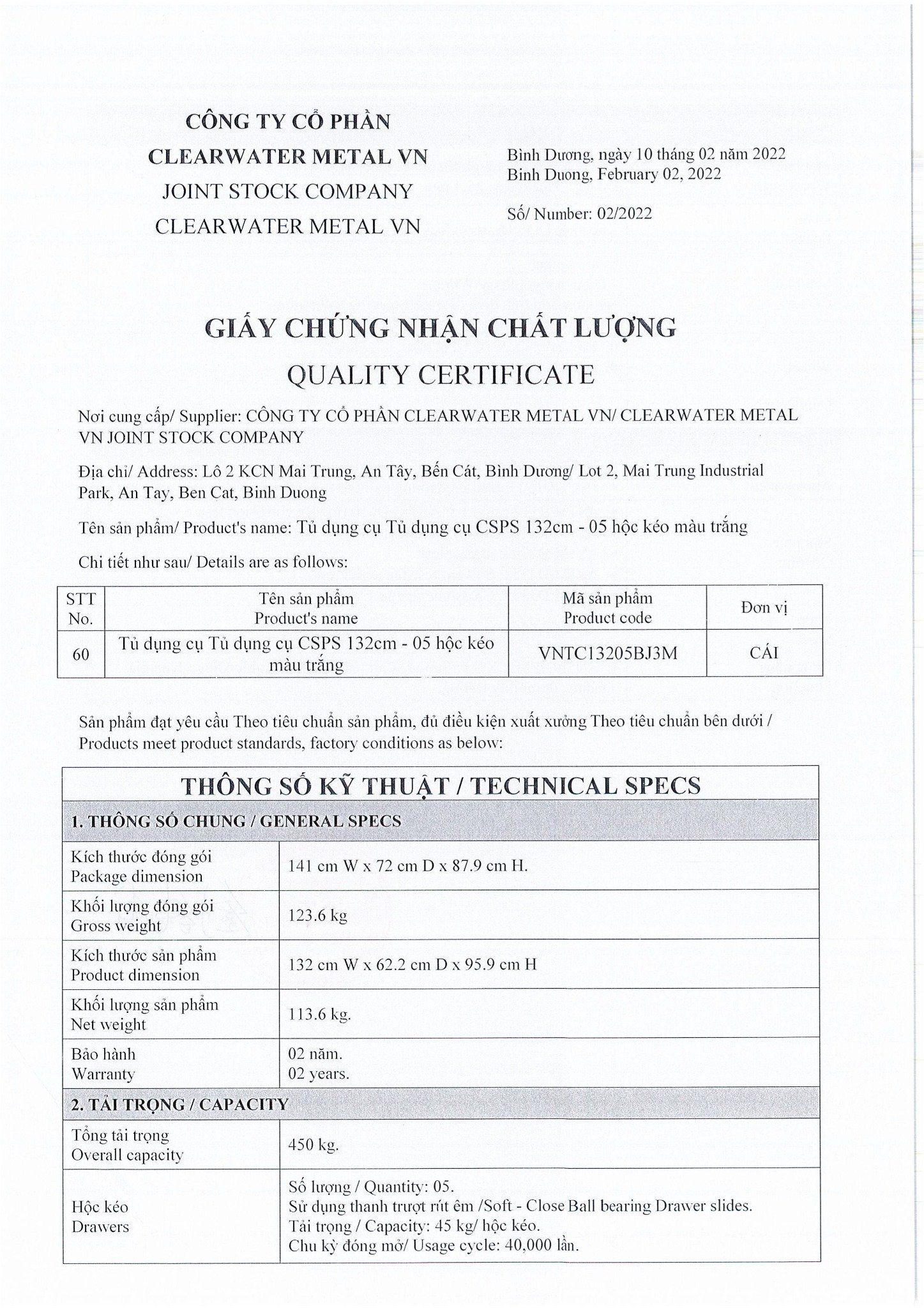 Tủ dụng cụ CSPS 132cm - 05 hộc kéo màu đen/trắng