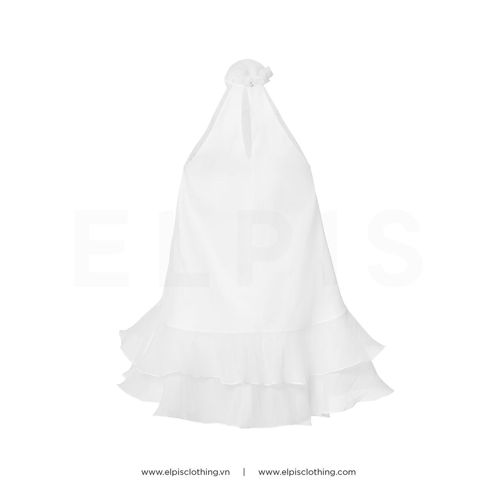 Trắng ELPIS - Đầm tơ ngắn cổ yếm đính hoa được làm thủ công SP23D91