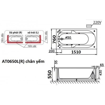 Bồn Tắm Chân Yếm 1.5M CAESAR AT0650L/R