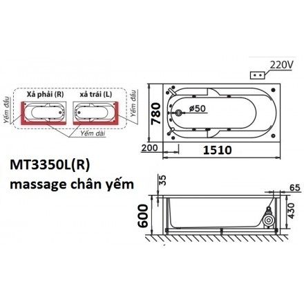 Bồn Tắm Massage 1.5M Chân Yếm CAESAR MT3350L/R