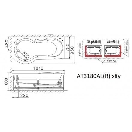 Bồn Tắm Chân Yếm 1.8M CAESAR AT3180L/R