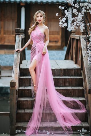 Đầm dạ hội  Mia Selena thiết kế phối lưới choàng (Tím)