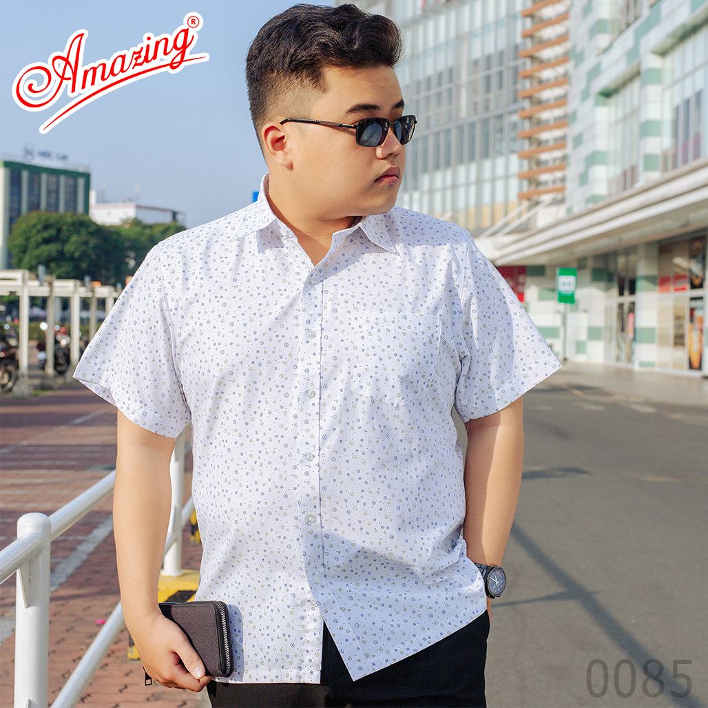 Áo sơ mi nam họa tiết ngắn tay, form rộng, vạt ngang, size đại tới 110 kg, thiết kế hoa văn nho nhỏ, hiệu Amazing
