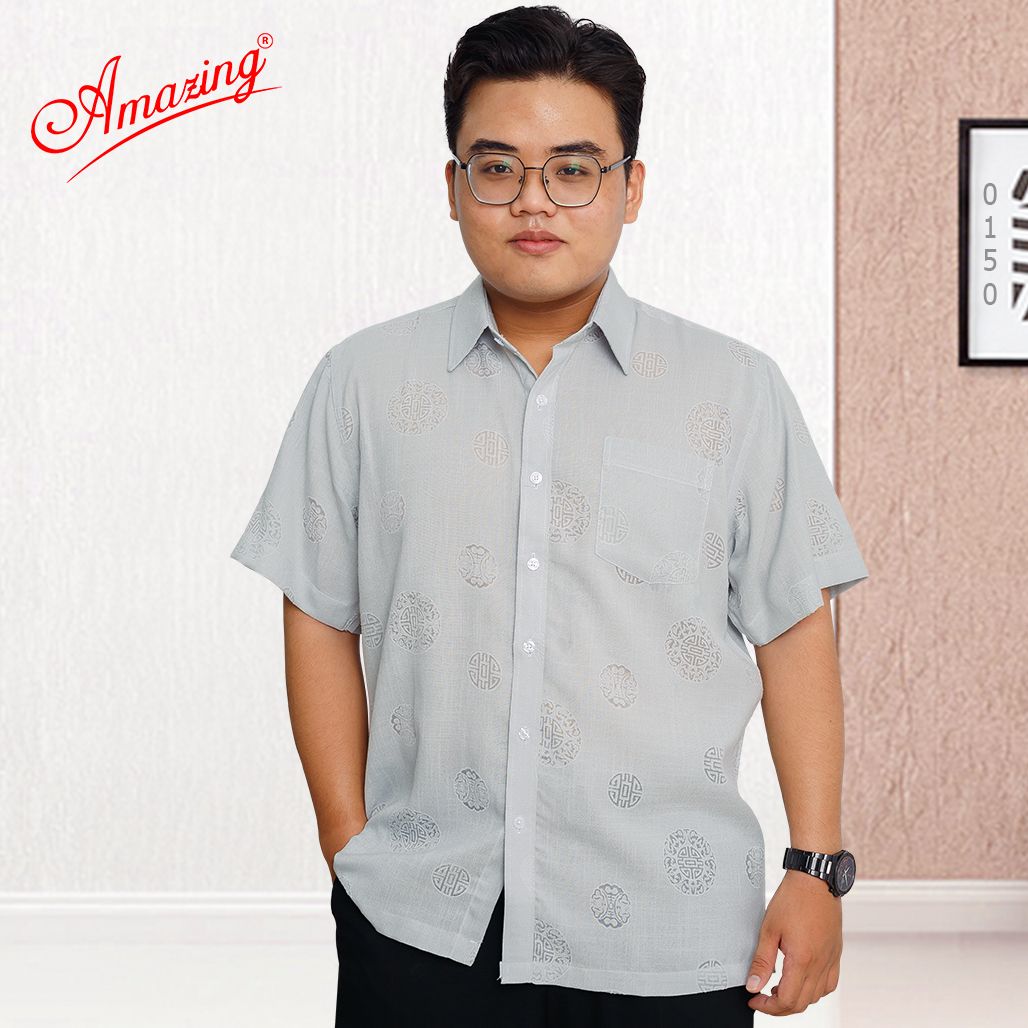 Áo sơ mi nam họa tiết dân gian size đại, vải xô bông ép, form áo vạt ngang, tay ngắn, nhiều màu, thương hiệu Amazing