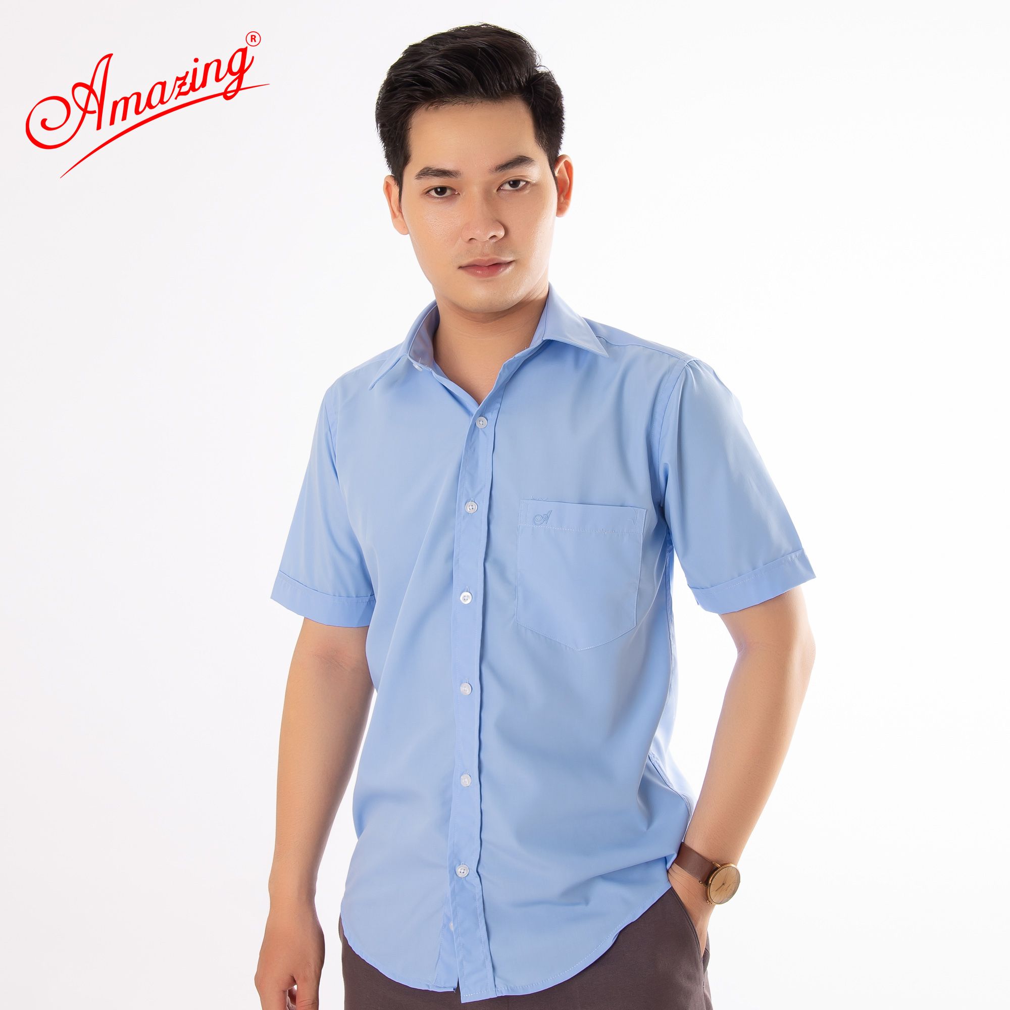 Áo sơ mi tay ngắn Amazing, màu trơn, vải kate thấm hút mồ hôi, form truyền thống, có big size