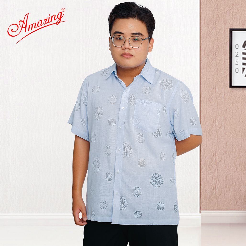 Áo sơ mi nam họa tiết dân gian size đại, vải xô bông ép, form áo vạt ngang, tay ngắn, nhiều màu, thương hiệu Amazing