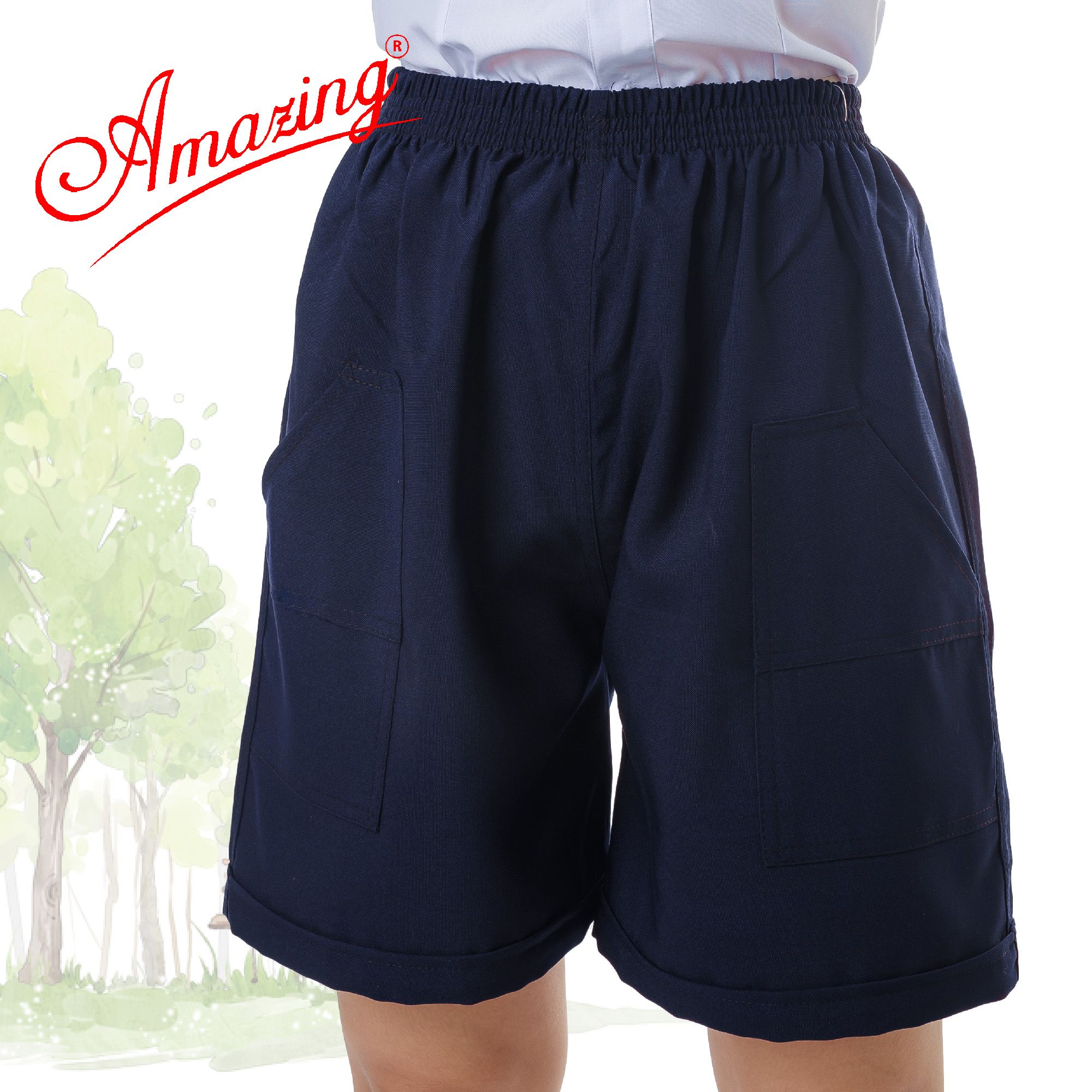 Quần đùi lưng thun học sinh cấp 1, màu xanh, 2 túi đắp ngoài, size từ 14 đến 95kg, hiệu AMAZING