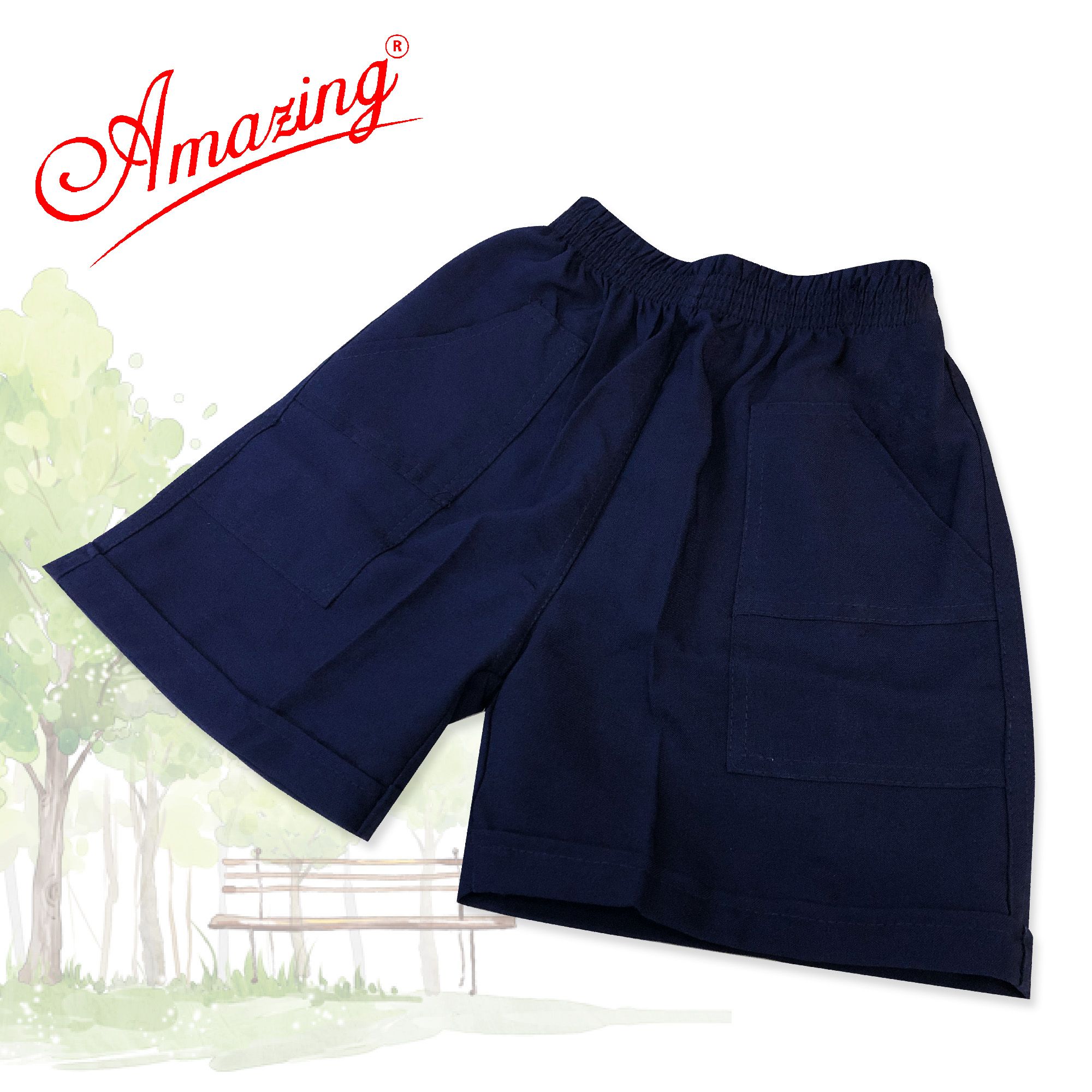 Quần đùi lưng thun học sinh cấp 1, màu xanh, 2 túi đắp ngoài, size từ 14 đến 95kg, hiệu AMAZING