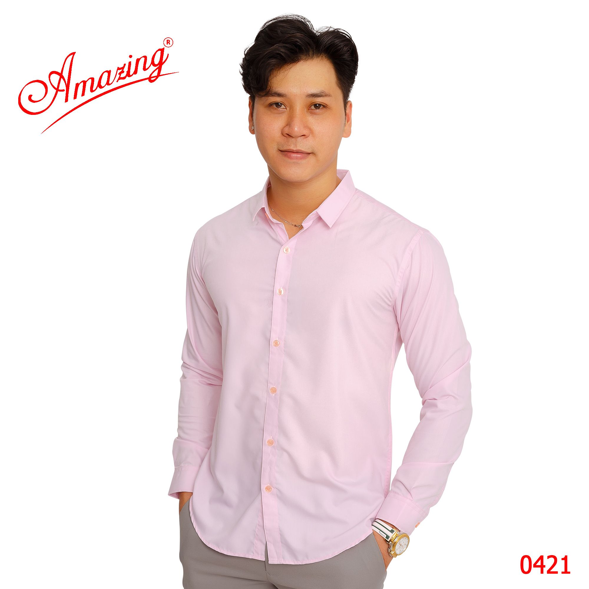 Áo sơ mi màu Tím Lavender thương hiệu Amazing, style Hàn Quốc không túi, chuẩn form slim fit, chất liệu mịn mát