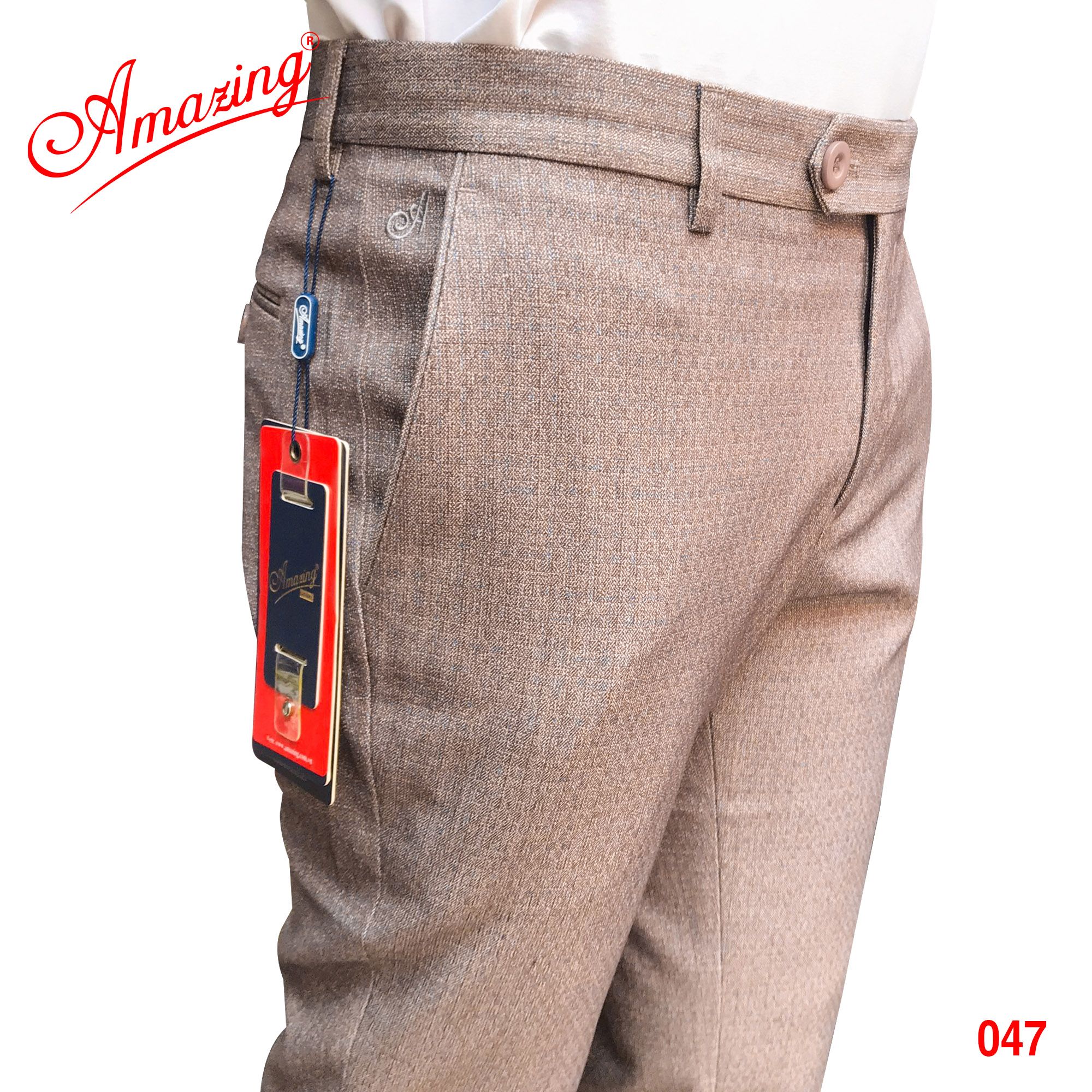 Quần tây nam cao cấp Amazing, dáng truyền thống, ống xuông, không ly, vải giãn có vân chìm, màu sắc nam tính, có size lớn