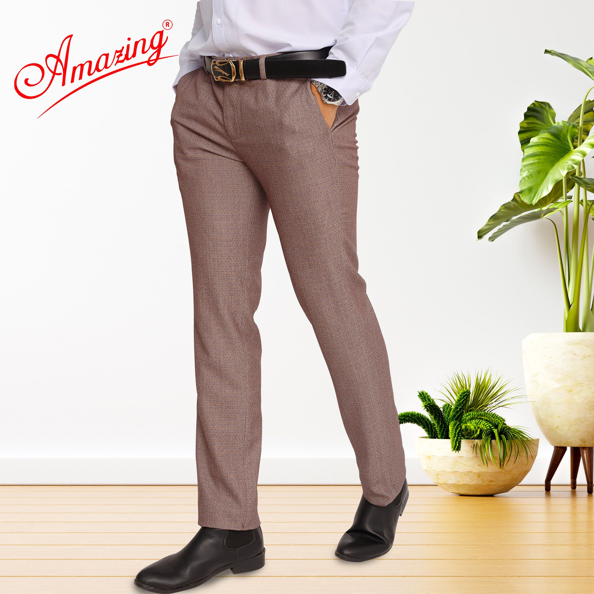 Quần tây nam cao cấp Amazing, dáng truyền thống, ống xuông, không ly, vải giãn có vân chìm, màu sắc nam tính, có size lớn