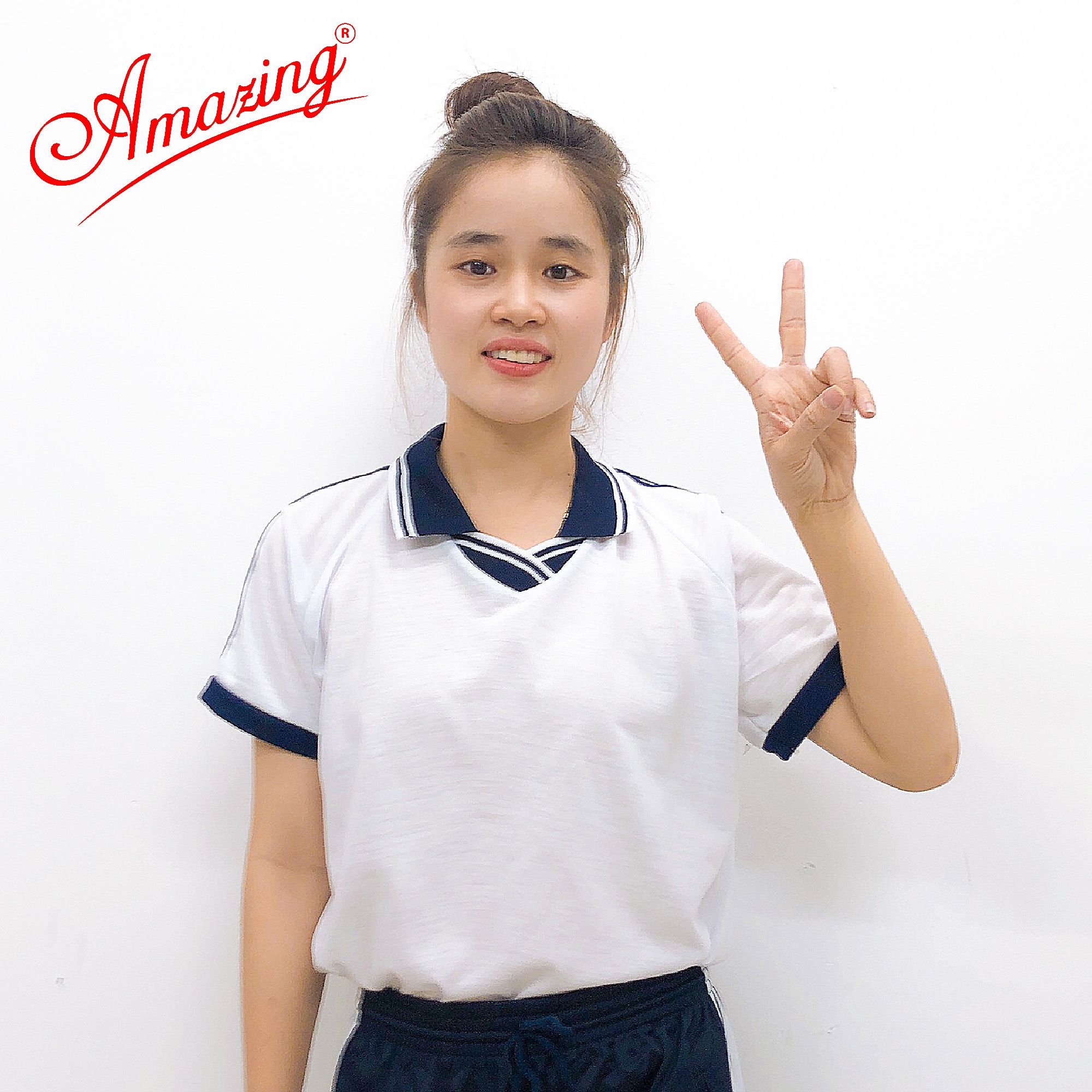 Áo thun trắng thể dục cổ bẻ, đồng phục thể thao cho học sinh nam nữ các cấp, Amazing