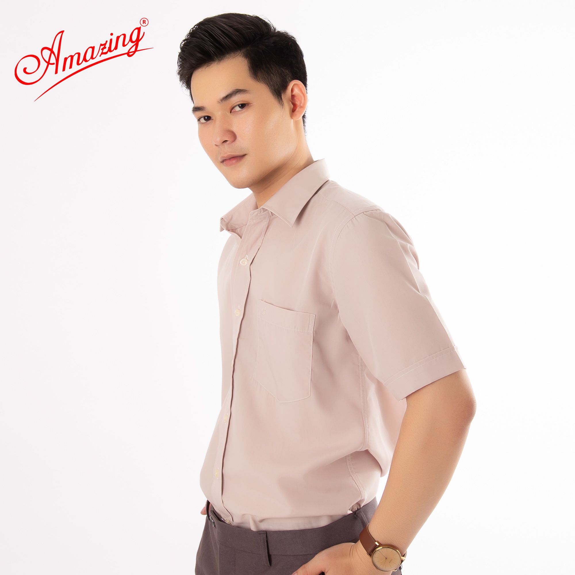 Áo sơ mi tay ngắn Amazing, màu trơn, vải kate thấm hút mồ hôi, form truyền thống, có big size