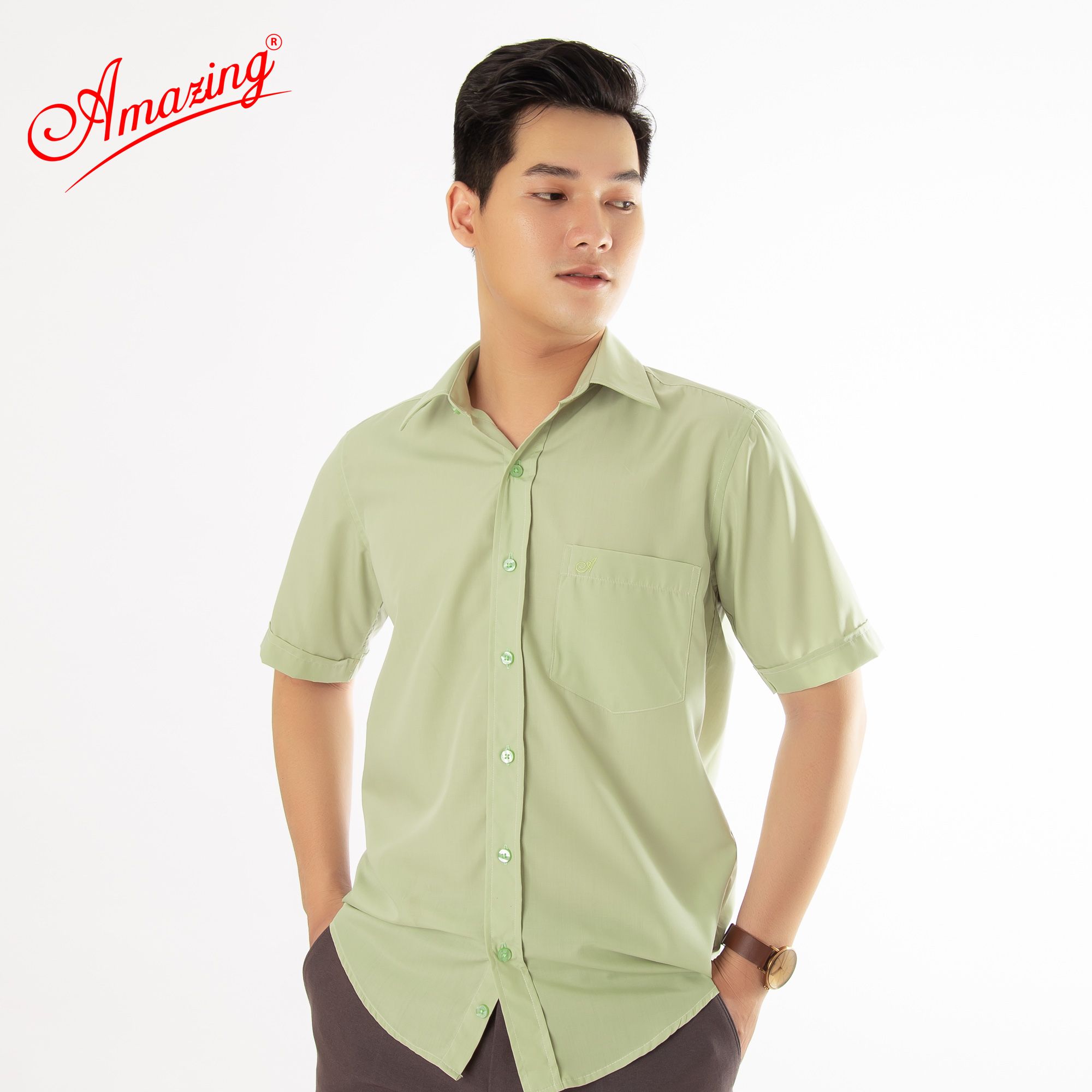 Áo sơ mi tay ngắn Amazing, màu trơn, vải kate thấm hút mồ hôi, form truyền thống, vạt bầu, có big size