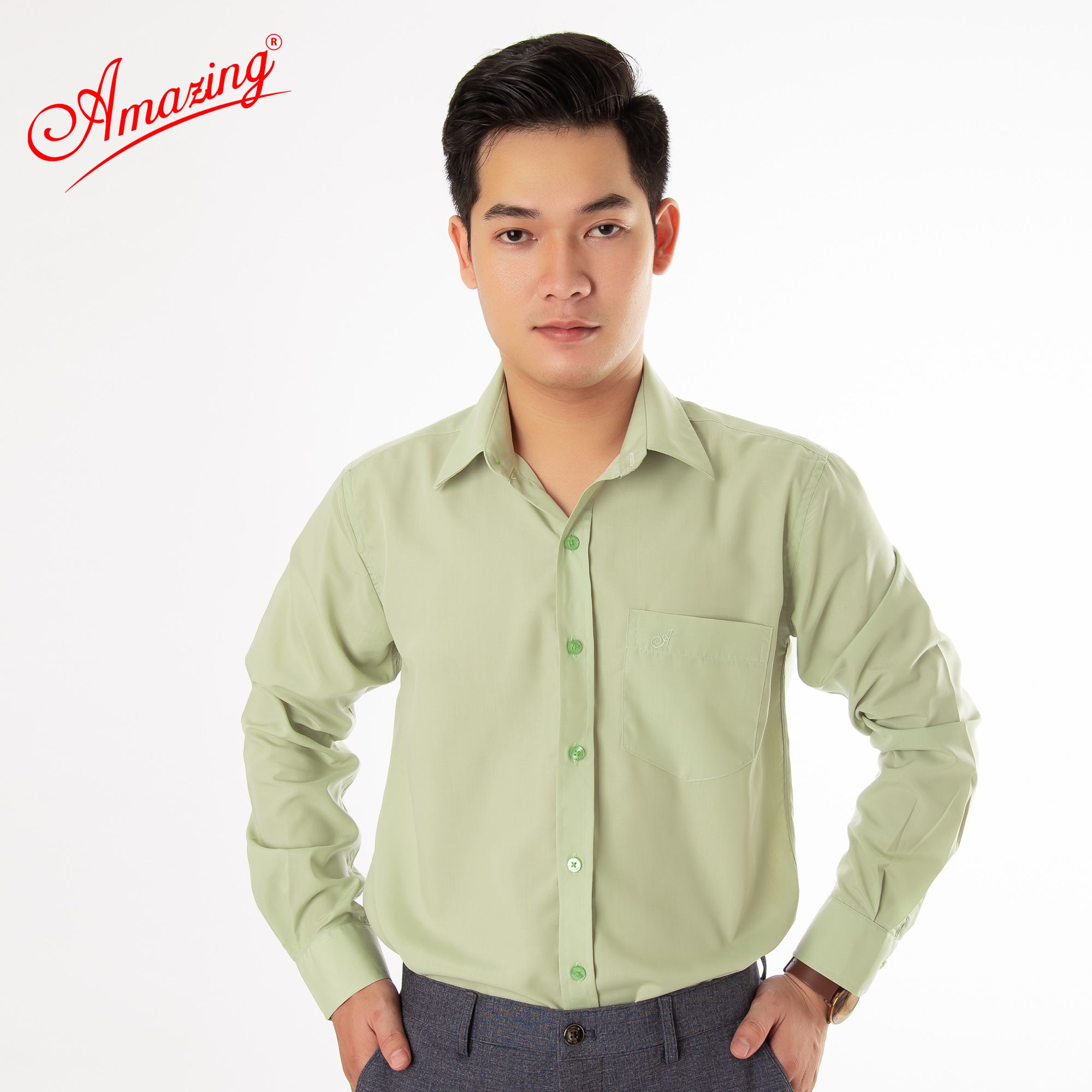 Áo sơ mi tay dài Amazing, màu trơn, vải kate thấm hút mồ hôi, form truyền thống, có big size