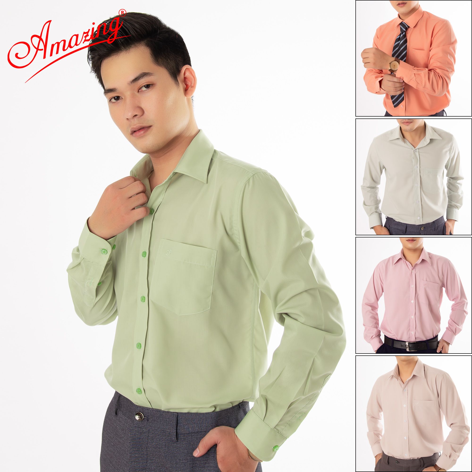 Áo sơ mi tay dài Amazing, màu trơn, vải kate thấm hút mồ hôi, form truyền thống, có big size