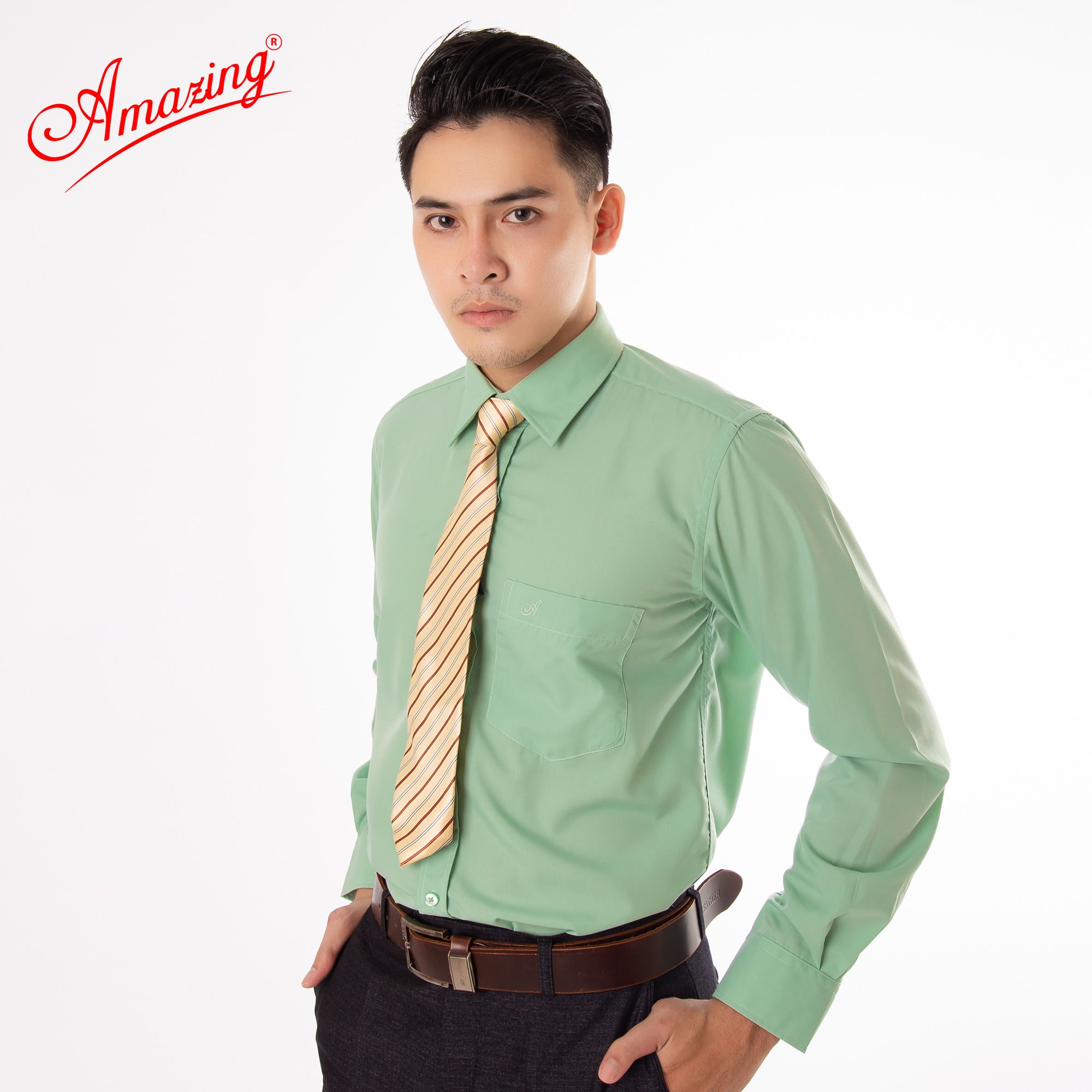 Áo sơ mi nam Amazing trơn tay dài-06