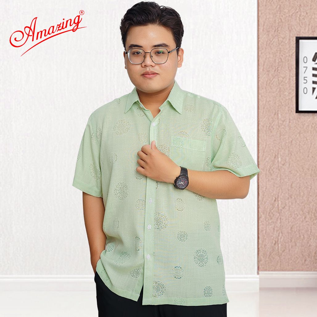 Áo sơ mi nam họa tiết dân gian size đại, vải xô bông ép, form áo vạt ngang, tay ngắn, nhiều màu, thương hiệu Amazing