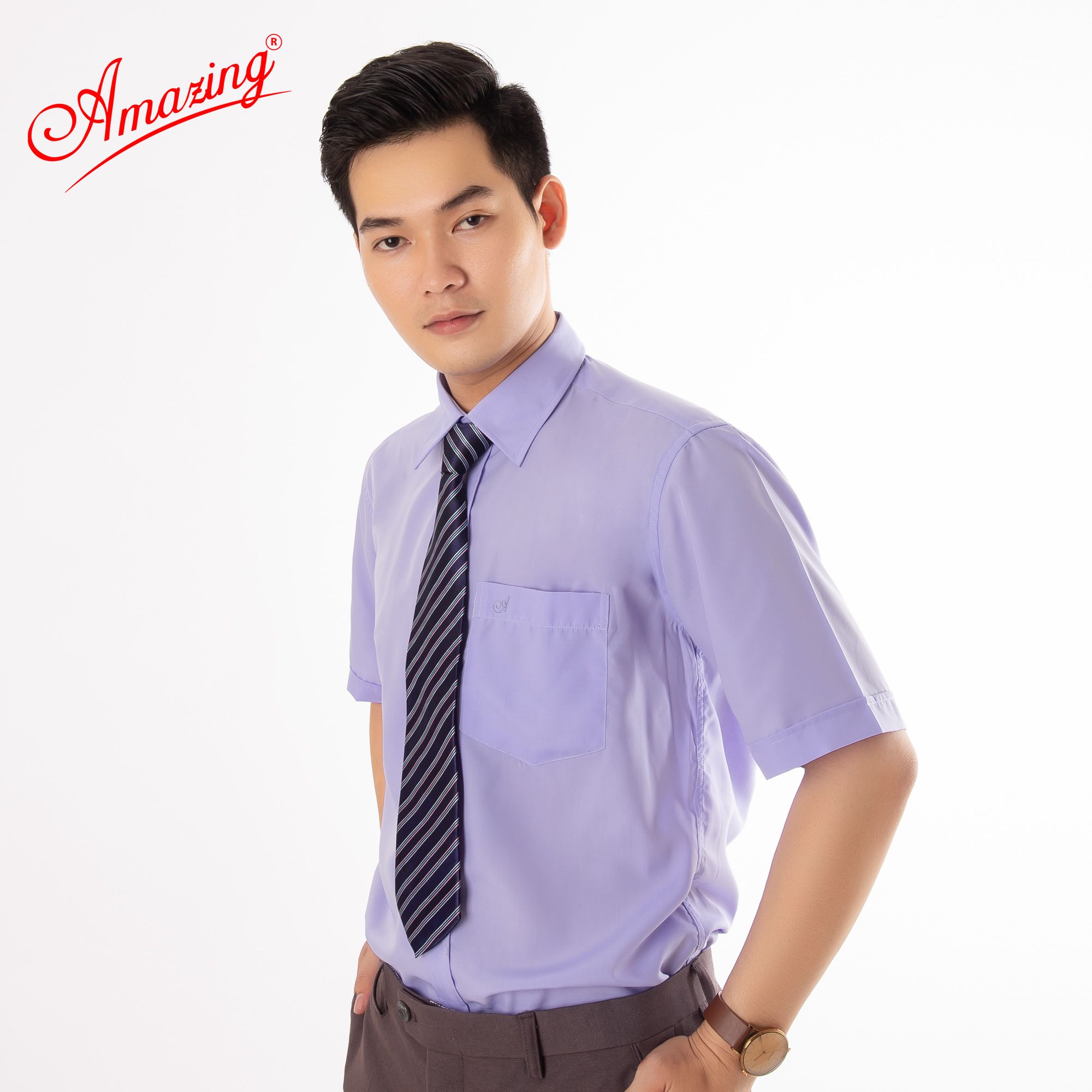 Áo sơ mi tay ngắn Amazing, màu trơn, vải kate thấm hút mồ hôi, form truyền thống, vạt bầu, có big size