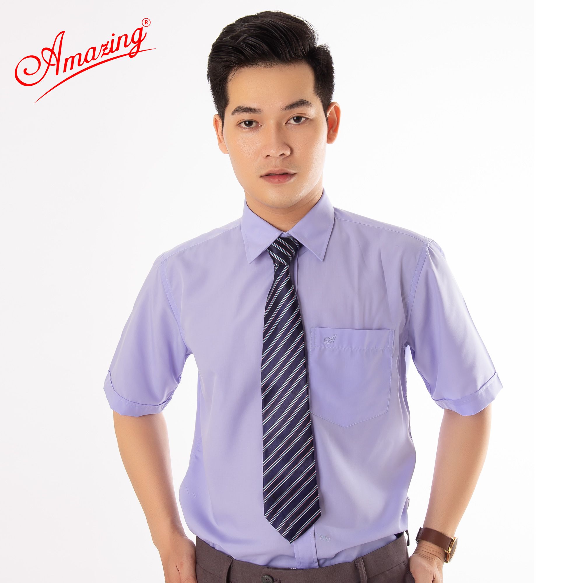 Áo sơ mi tay ngắn Amazing, màu trơn, vải kate thấm hút mồ hôi, form truyền thống, có big size