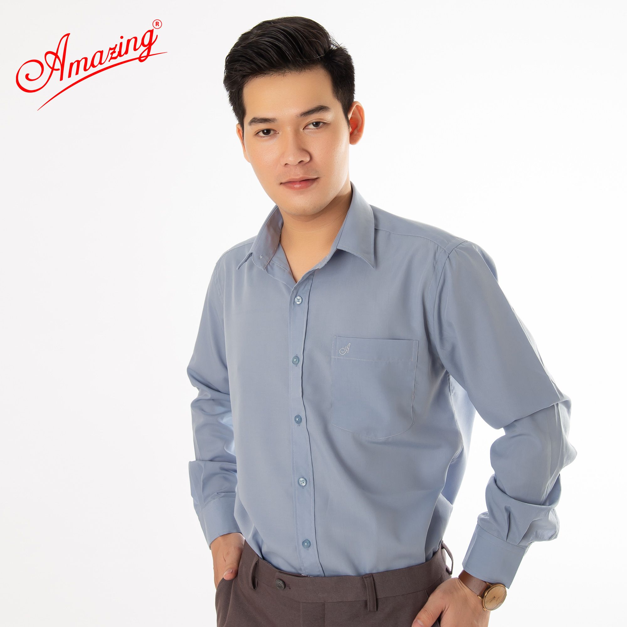 Áo sơ mi nam Amazing trơn tay dài-06