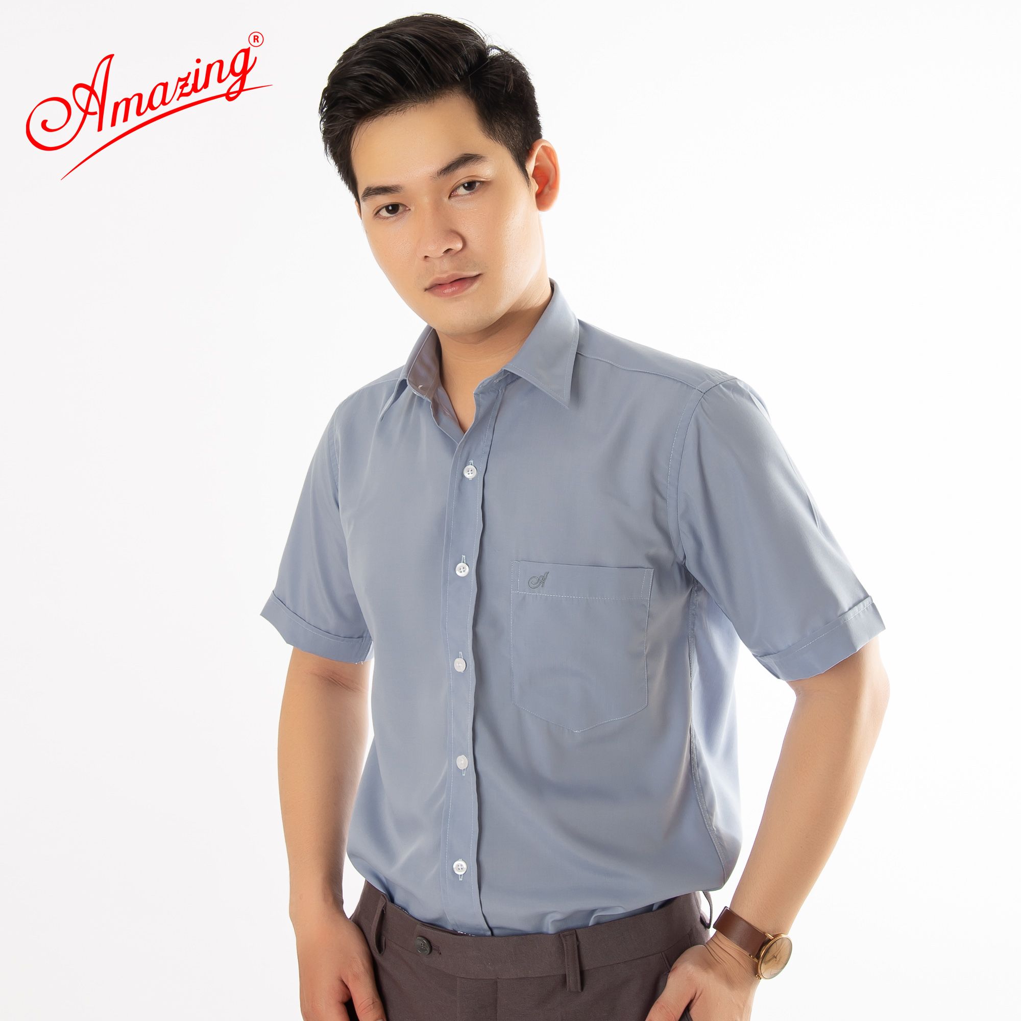 Áo sơ mi tay ngắn Amazing, màu trơn, vải kate thấm hút mồ hôi, form truyền thống, vạt bầu, có big size