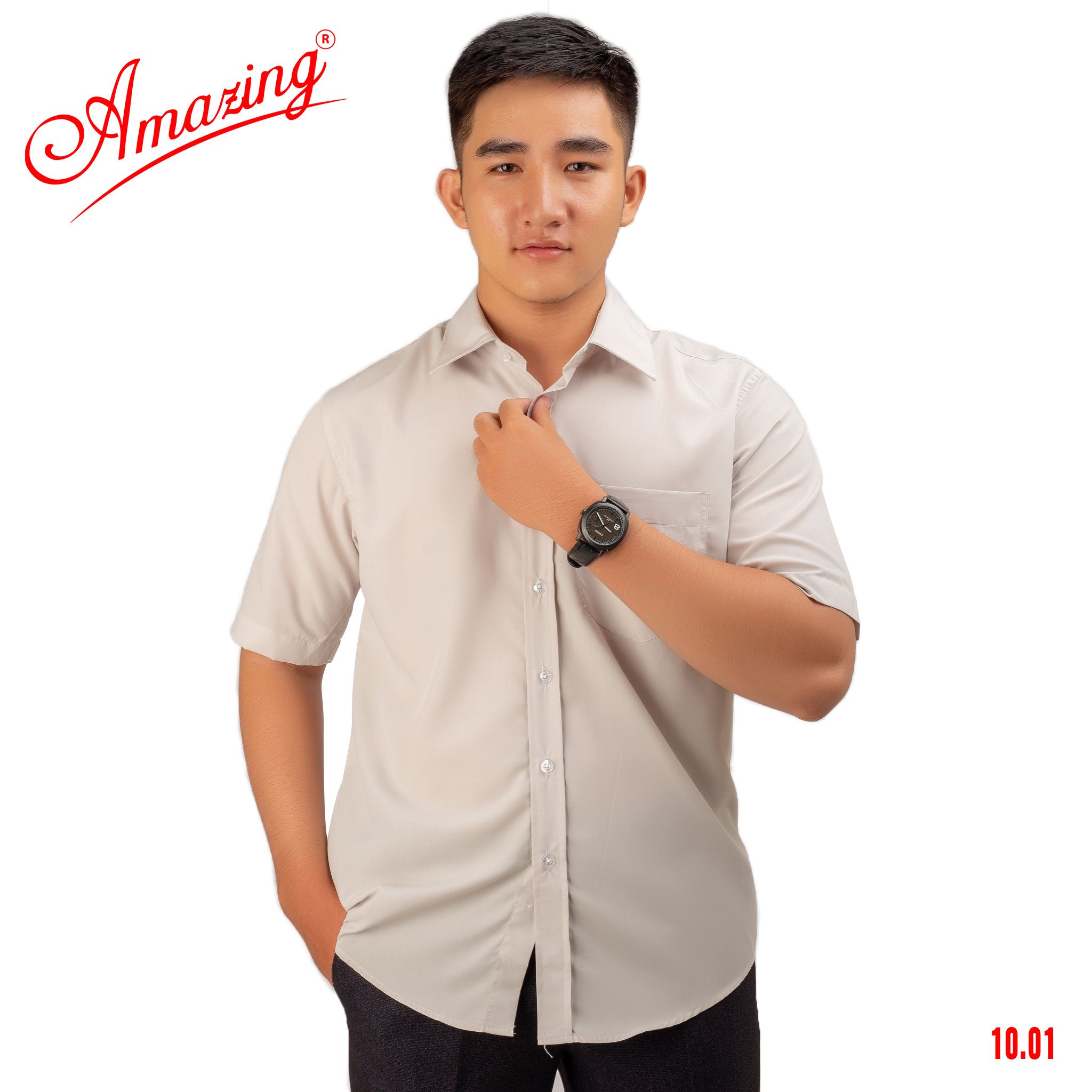 Áo sơ mi tay ngắn Amazing, màu trơn, vải kate thấm hút mồ hôi, form truyền thống, có big size