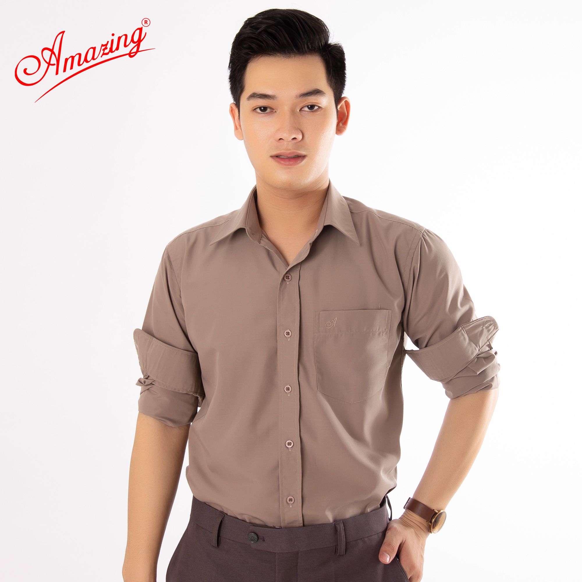 Áo sơ mi nam Amazing trơn tay dài-13