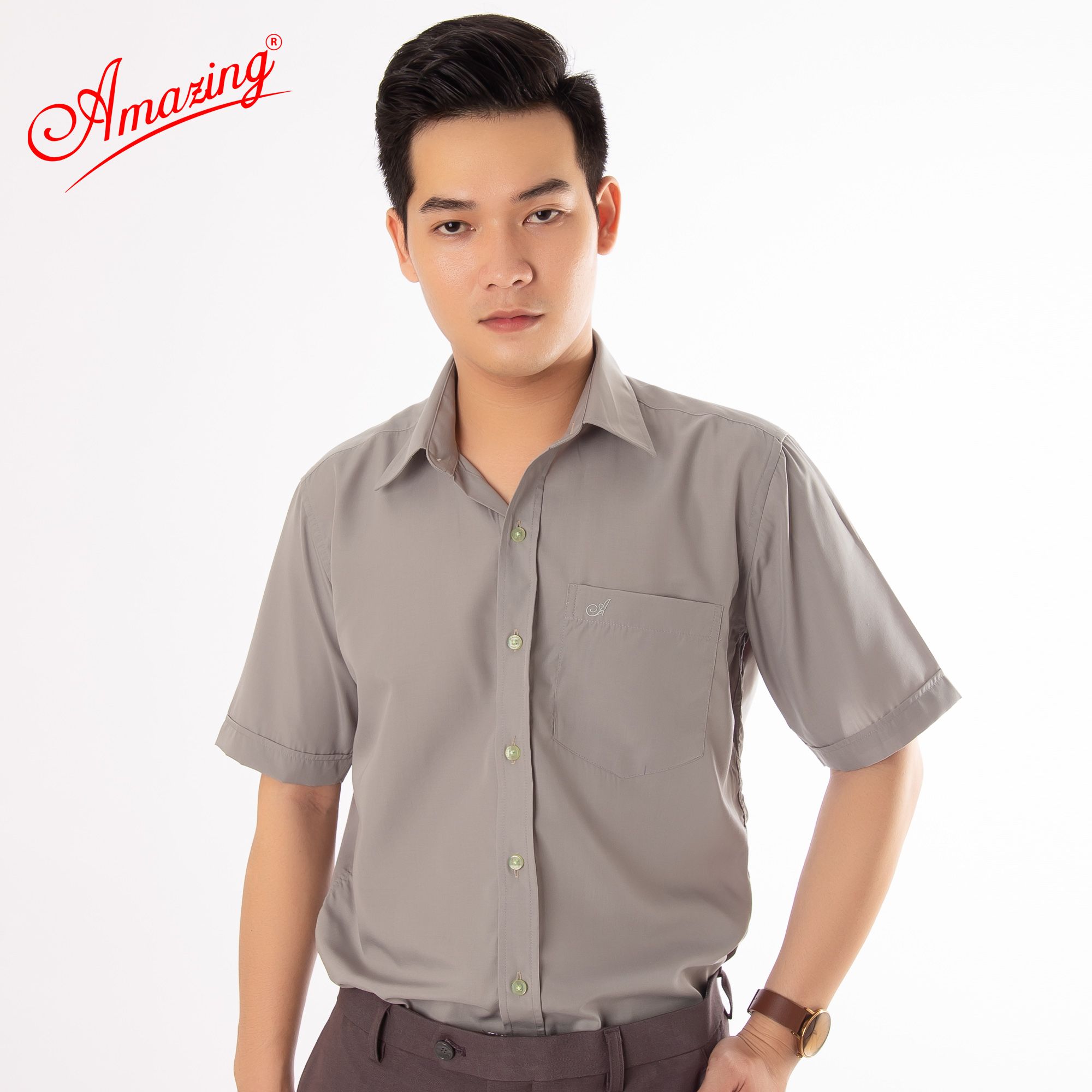 Áo sơ mi tay ngắn Amazing, màu trơn, vải kate thấm hút mồ hôi, form truyền thống, vạt bầu, có big size