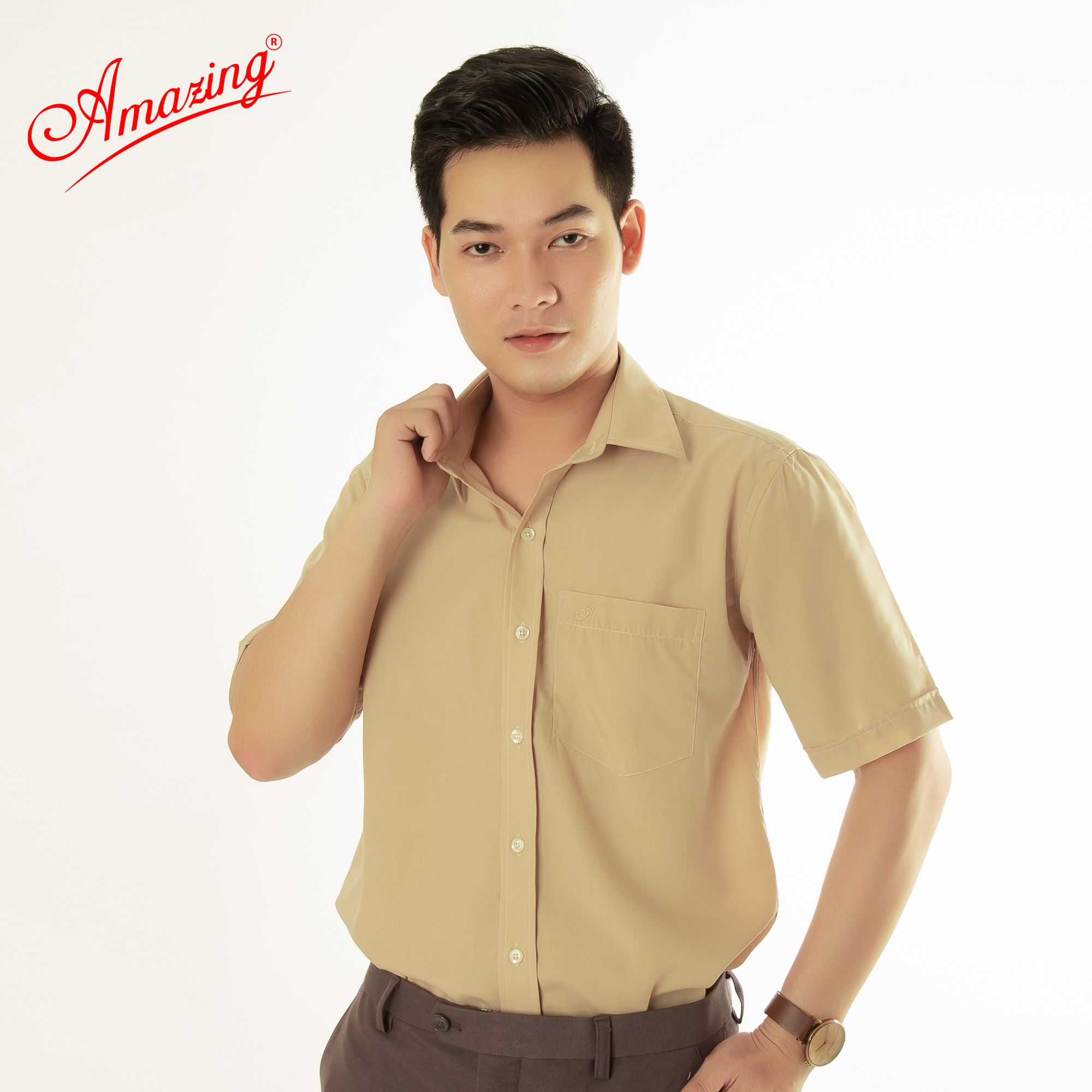 Áo sơ mi tay ngắn Amazing, màu trơn, vải kate thấm hút mồ hôi, form truyền thống, vạt bầu, có big size