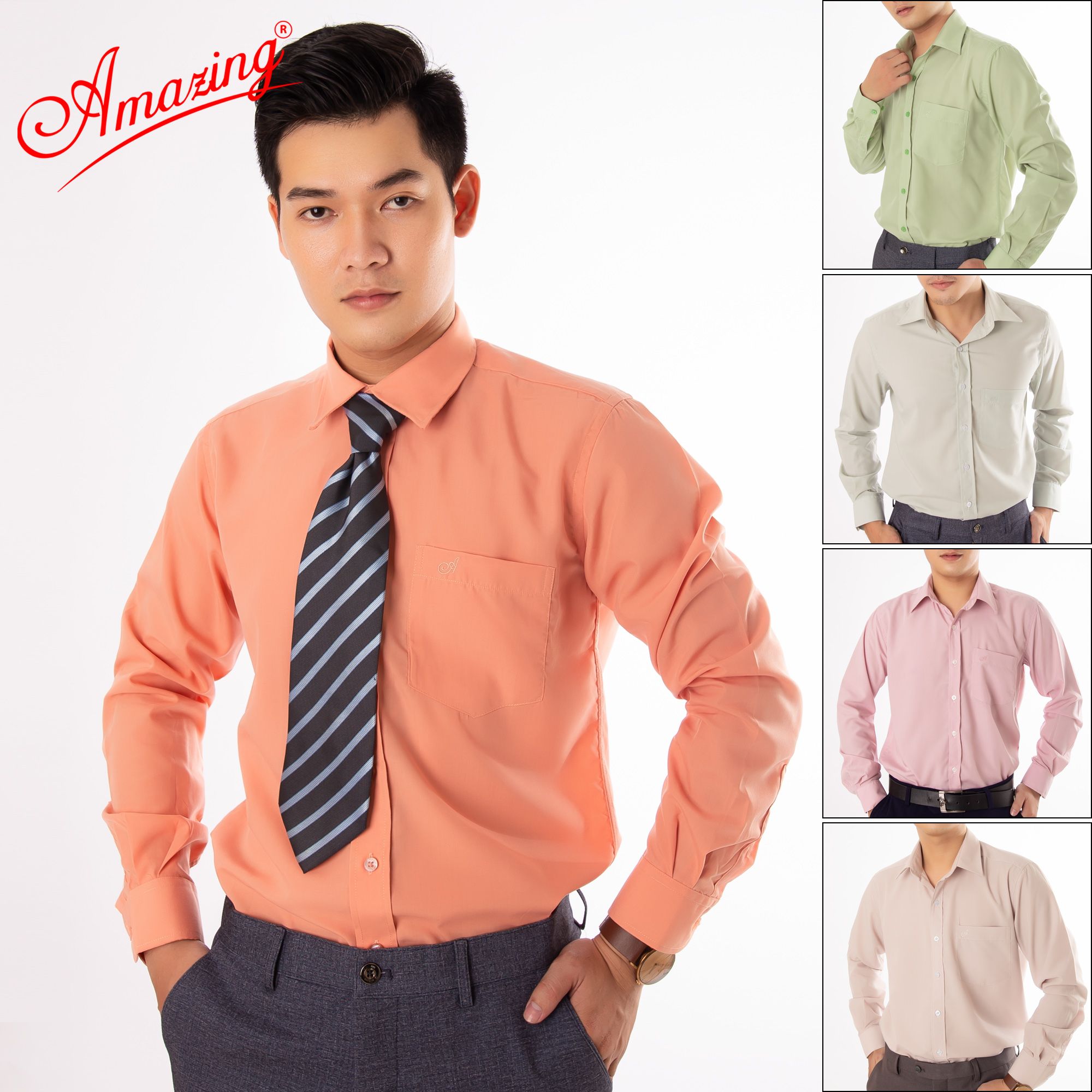 Áo sơ mi tay dài Amazing, màu trơn, vải kate thấm hút mồ hôi, form truyền thống, có big size