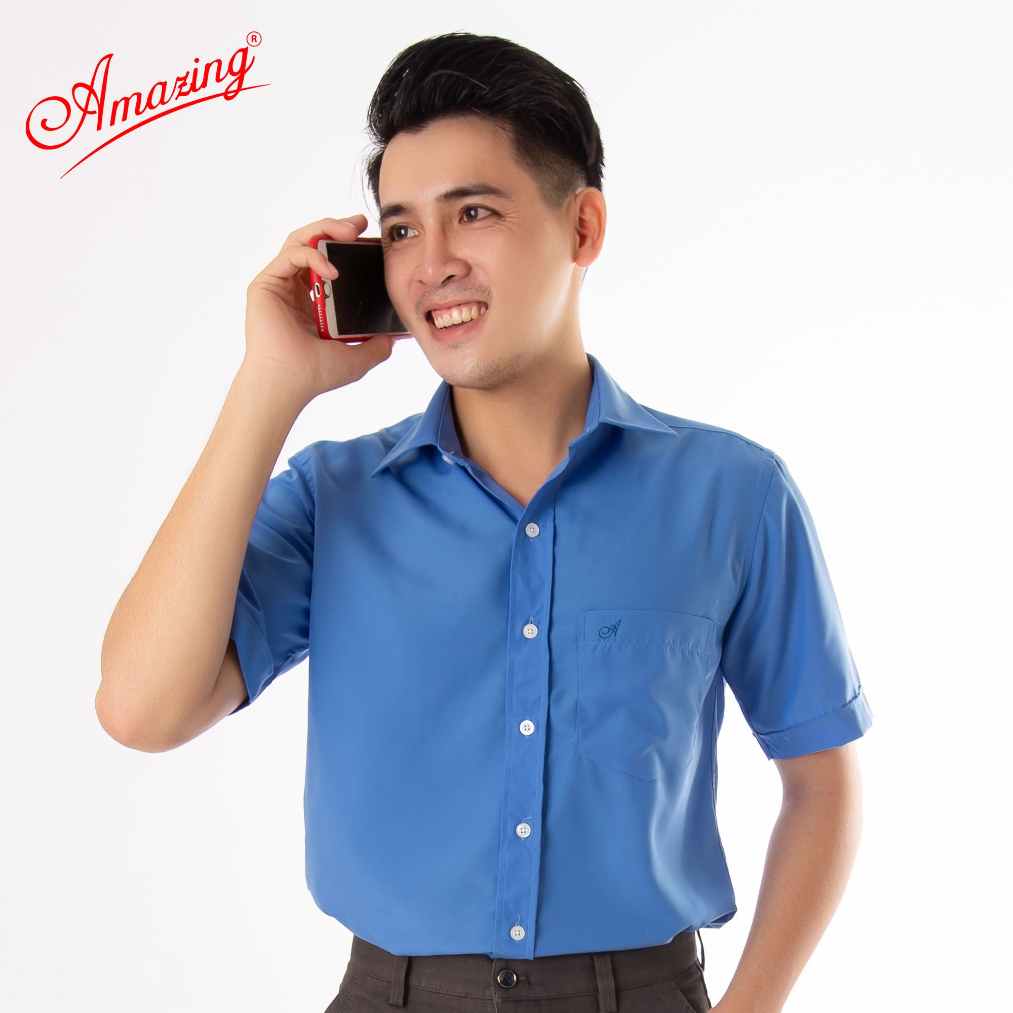 Áo sơ mi tay ngắn Amazing, màu trơn, vải kate thấm hút mồ hôi, form truyền thống, có big size