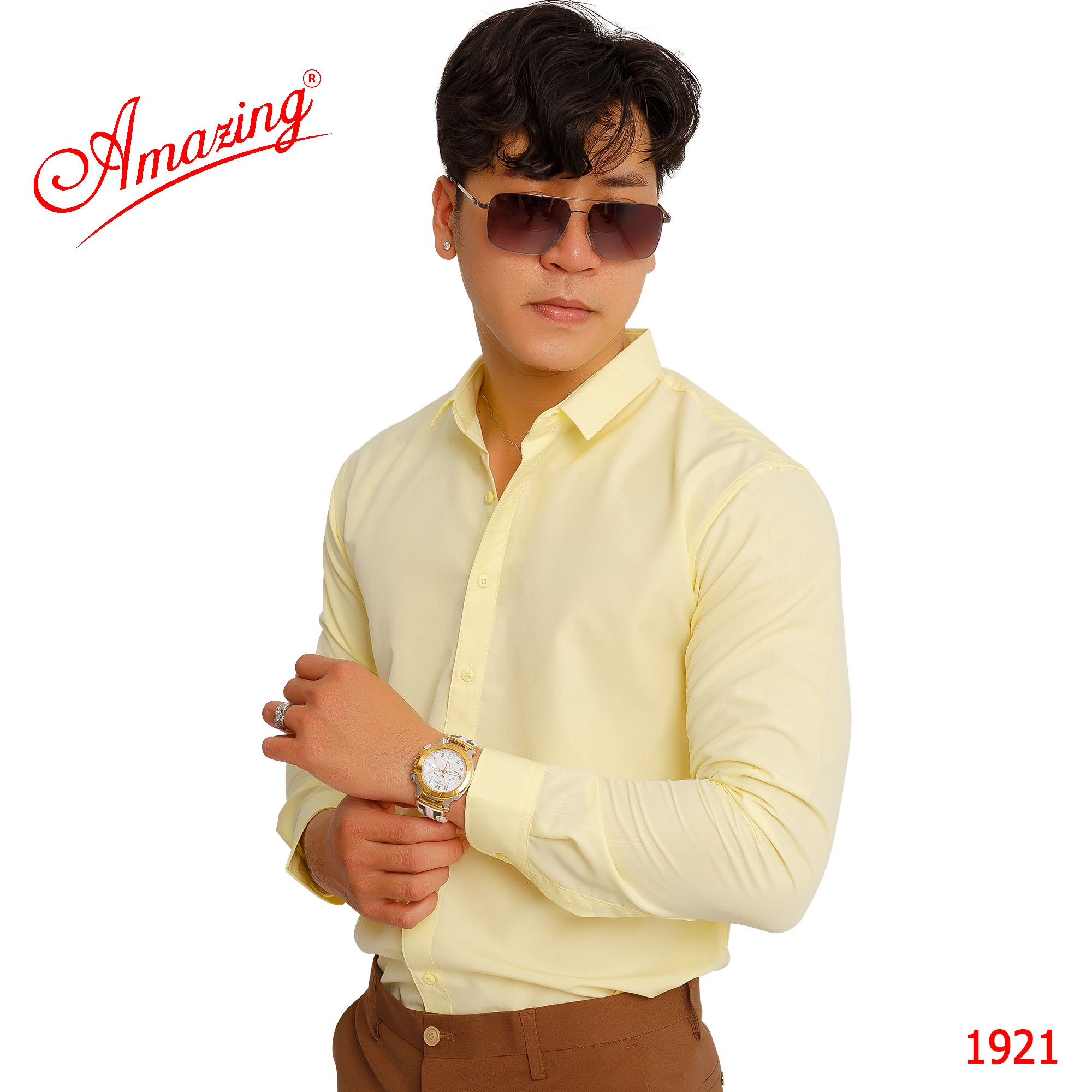 Áo somi nam Amazing màu tím huế, form body slim fit show hình thể đẹp, tay dài, không túi, vải mềm mướt