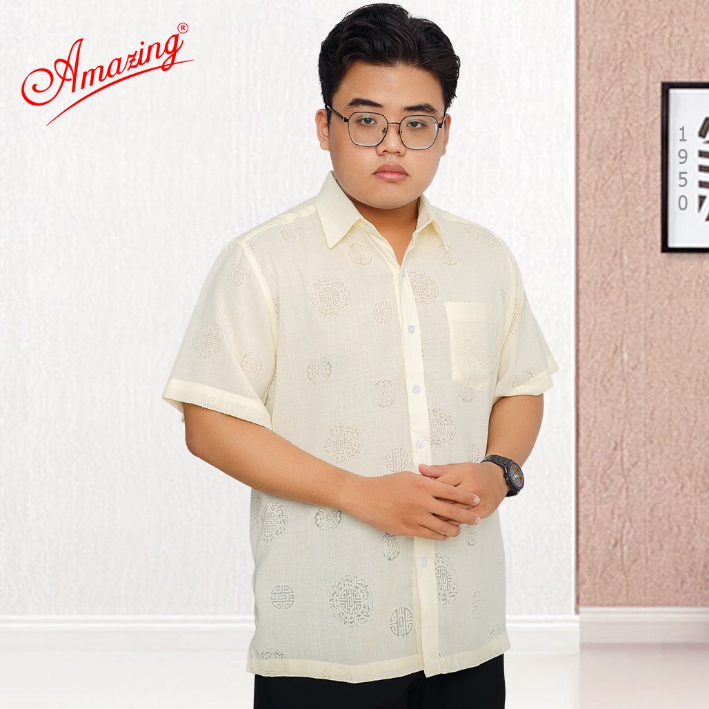 Áo sơ mi nam họa tiết dân gian size đại, vải xô bông ép, form áo vạt ngang, tay ngắn, nhiều màu, thương hiệu Amazing