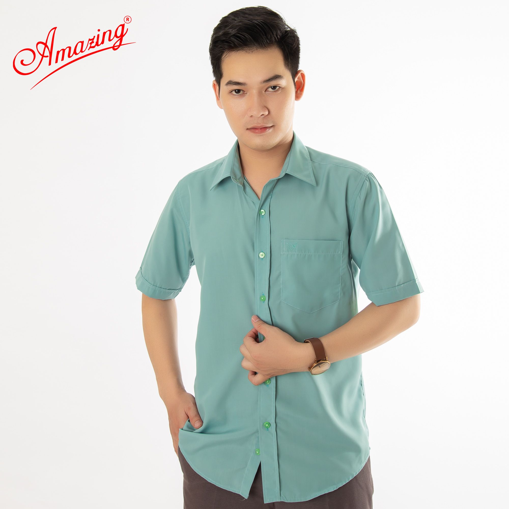 Áo sơ mi tay ngắn Amazing, màu trơn, vải kate thấm hút mồ hôi, form truyền thống, có big size
