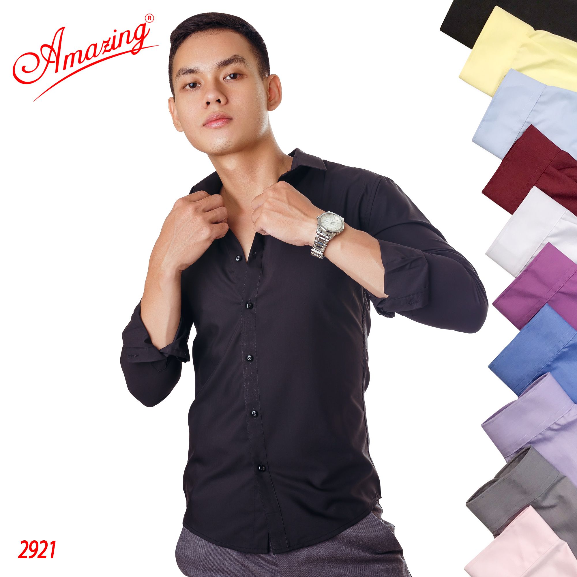  Áo sơ mi màu Tím Lavender thương hiệu Amazing, style Hàn Quốc không túi, chuẩn form slim fit, chất liệu mịn mát 