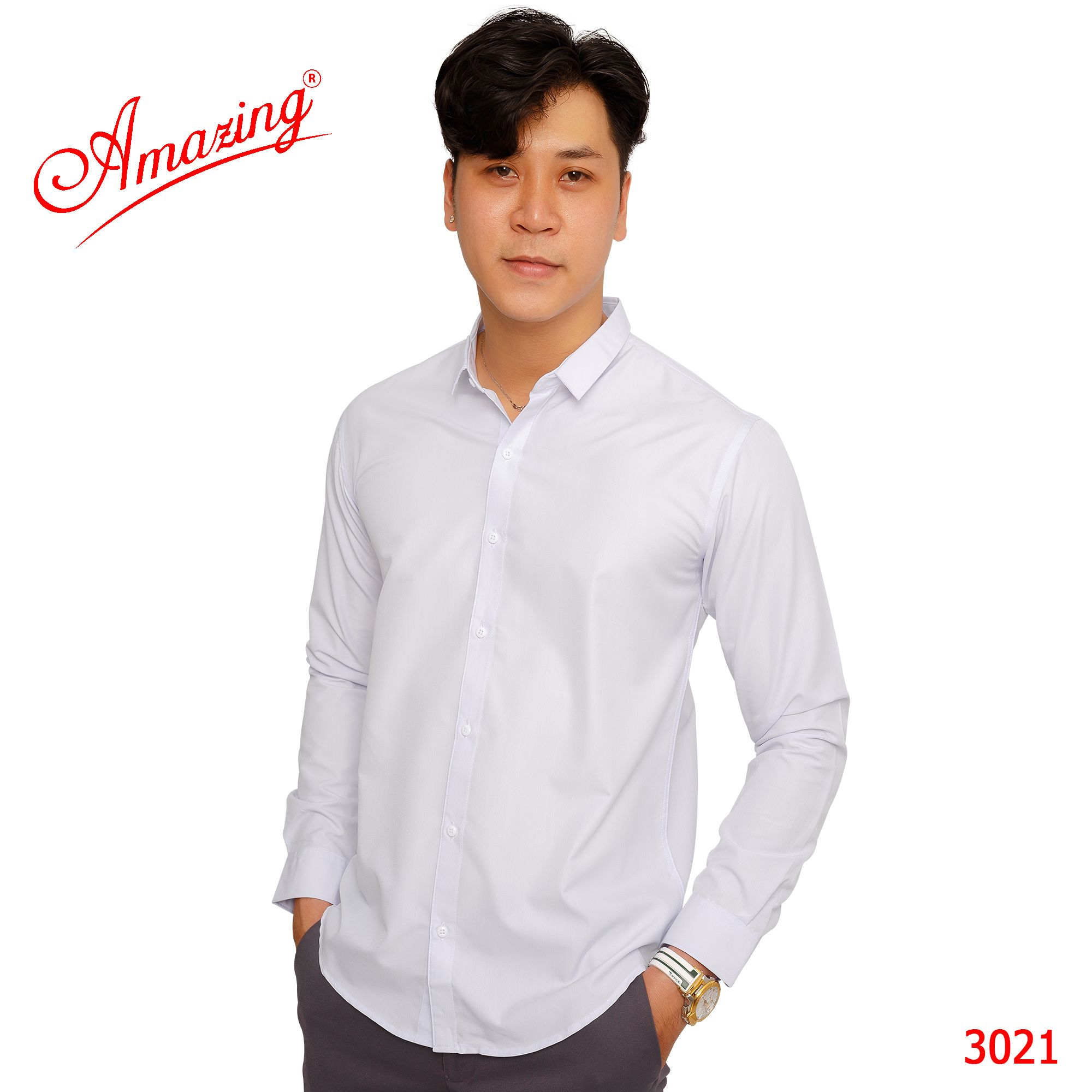 Áo somi nam Amazing màu tím huế, form body slim fit show hình thể đẹp, tay dài, không túi, vải mềm mướt