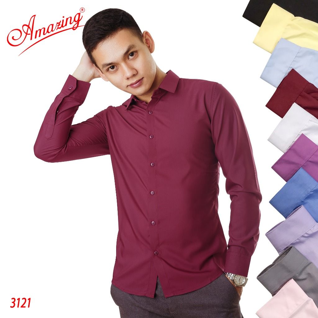 Sơ mi nam màu tím nho, áo kiểu phong cách Hàn Quốc, chuẩn form body slim fit, không túi, vải Bamboo, Amazing