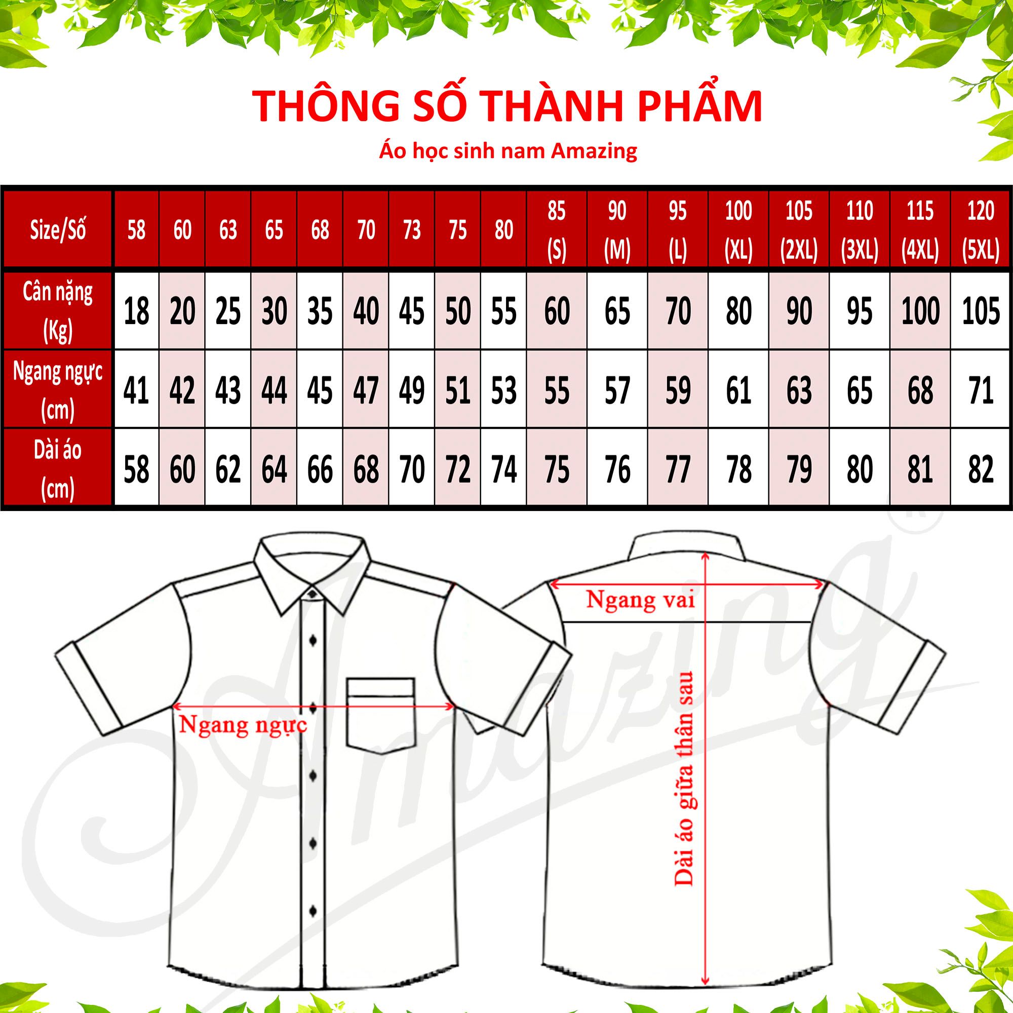 Áo trắng học sinh nam tay ngắn Amazing, dáng suông, tà bầu, đồng phục học sinh, công sở, size từ lớp 1 đến đại học