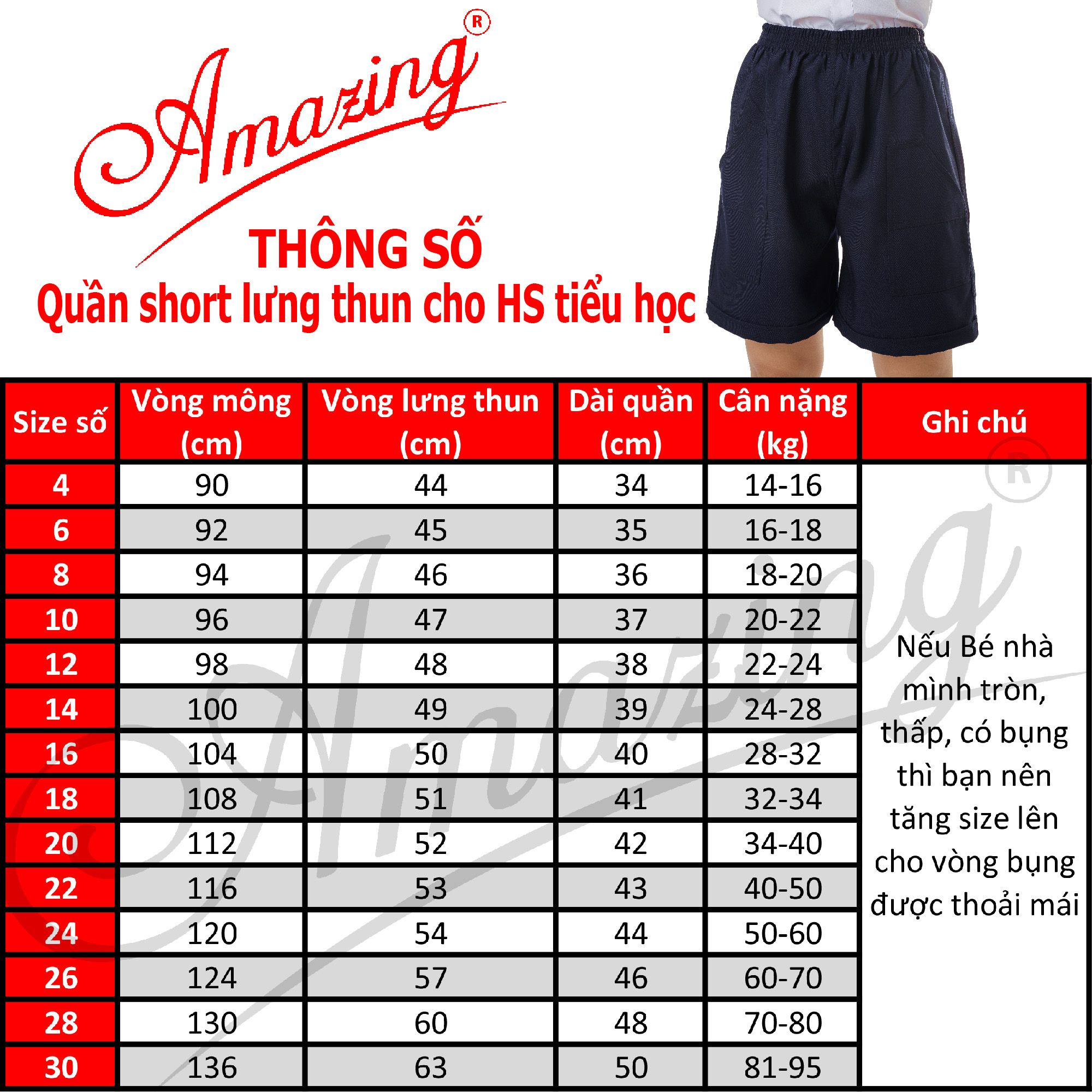 Quần đùi lưng thun học sinh cấp 1, màu xanh, 2 túi đắp ngoài, size từ 14 đến 95kg, hiệu AMAZING
