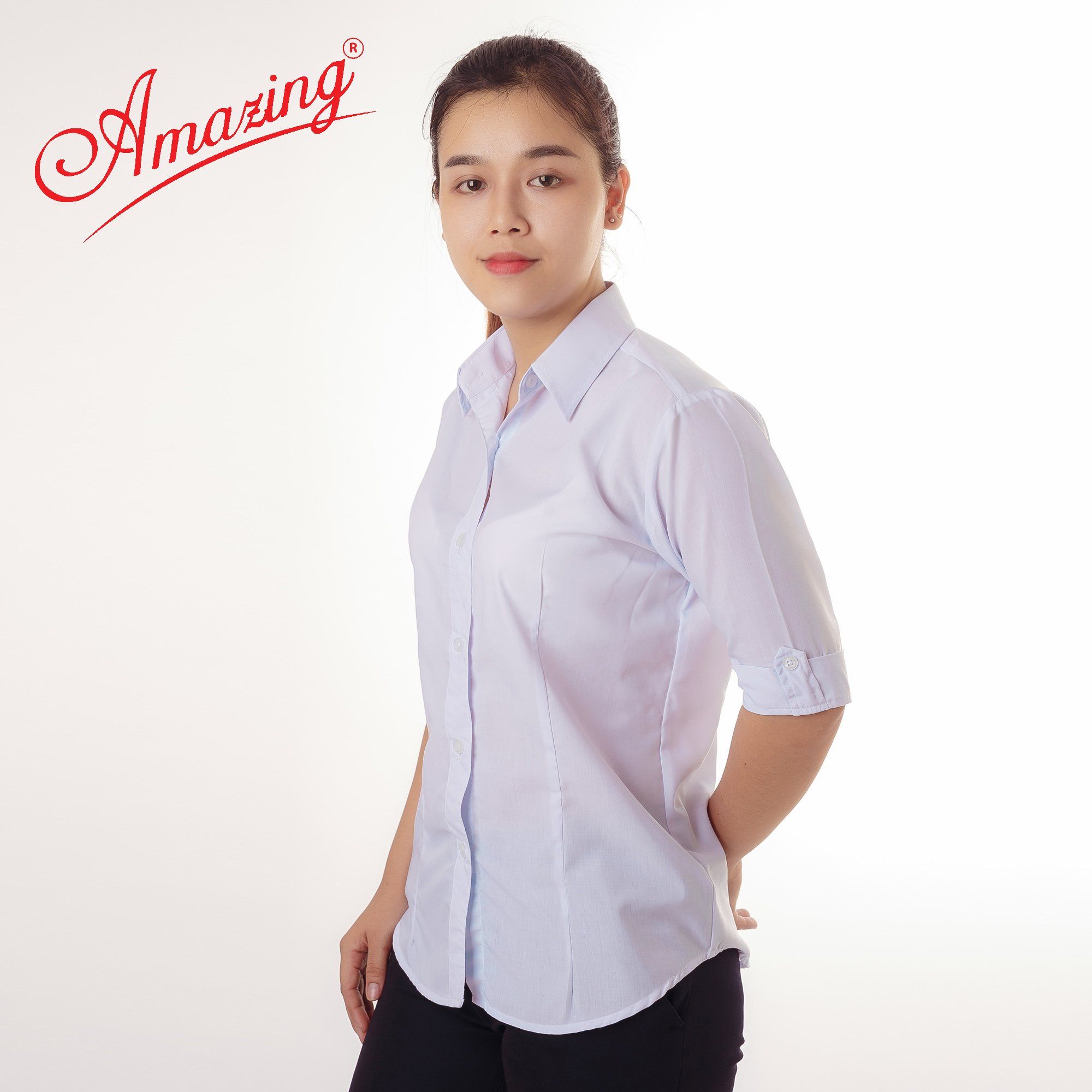 Áo trắng nữ, có size đại 80kg, sơ mi Amazing, vải KT silk, tay cách điệu, form chuẩn basic