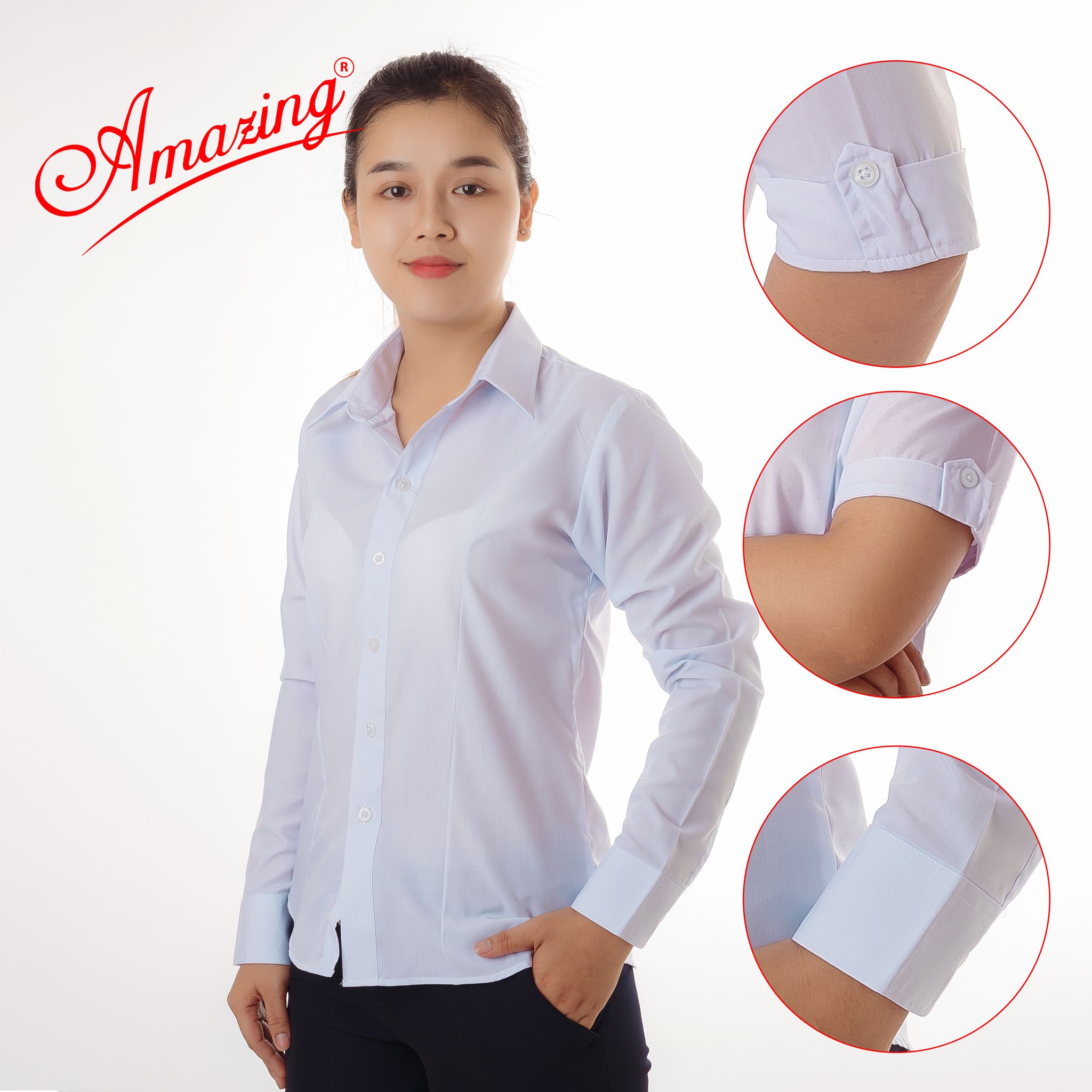 Áo trắng nữ, có size đại 80kg, sơ mi Amazing, vải KT silk, tay cách điệu, form chuẩn basic