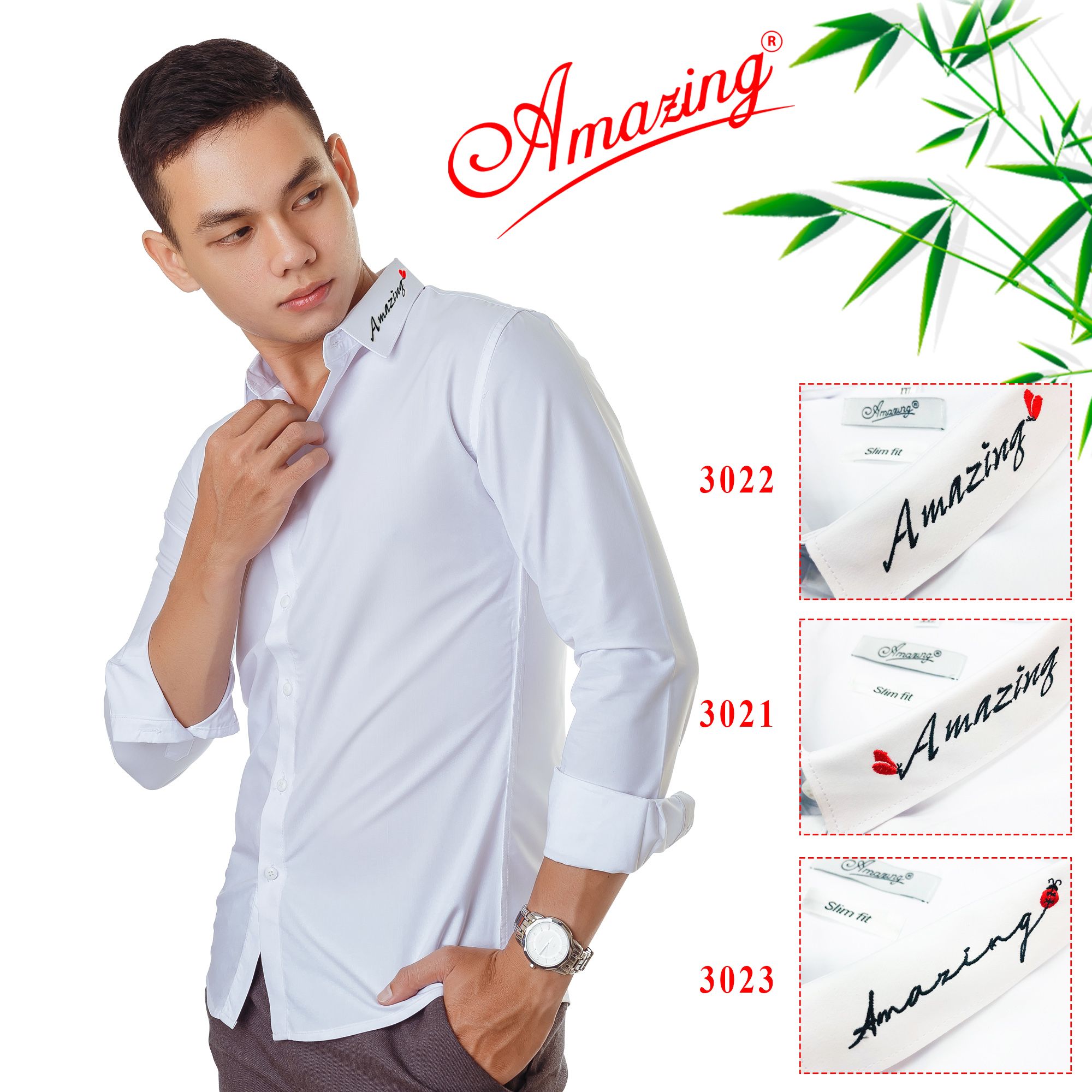 Áo sơ mi nam trắng thêu sắc sảo, form body slim fit, siêu phẩm vải sợi tre mềm mịn mát, thương hiệu Amazing, bigsize học sinh