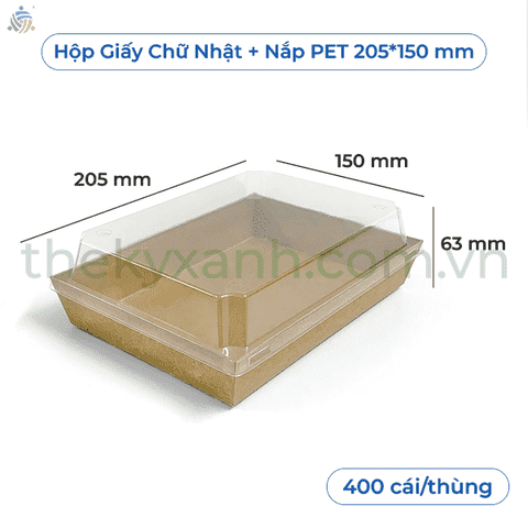 Hộp Giấy Kraft Chữ Nhật Nâu Nắp Nhựa PET - 205 * 150