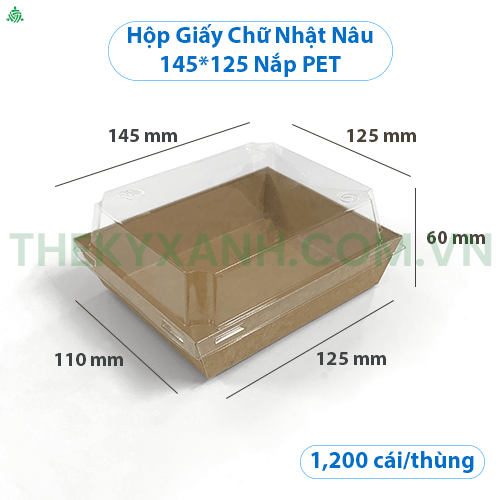 Hộp Giấy Kraft Chữ Nhật Nâu Nắp Nhựa PET - 145 * 125