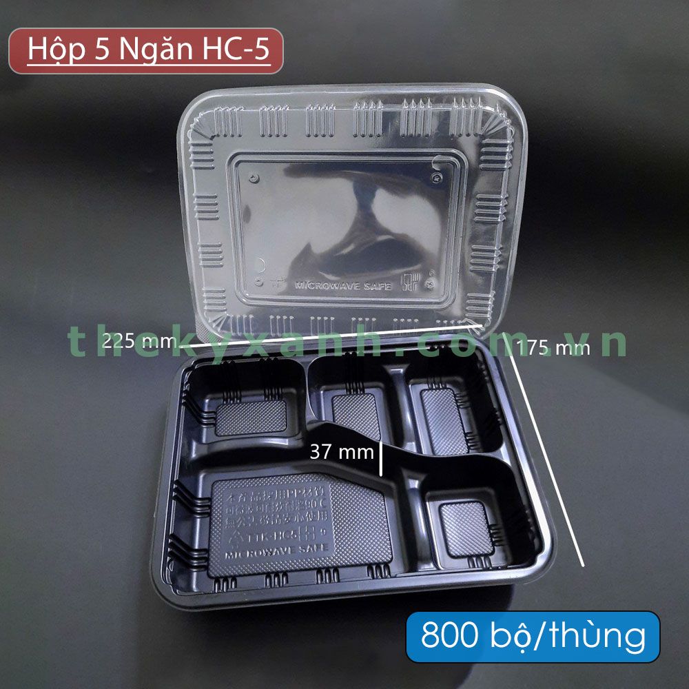 HỘP CƠM 5 NGĂN HC5, Khay Nhựa Đế Đen 5 Ngăn - Hộp Đựng Thức Ăn, Cơm, Mì, Xôi,...